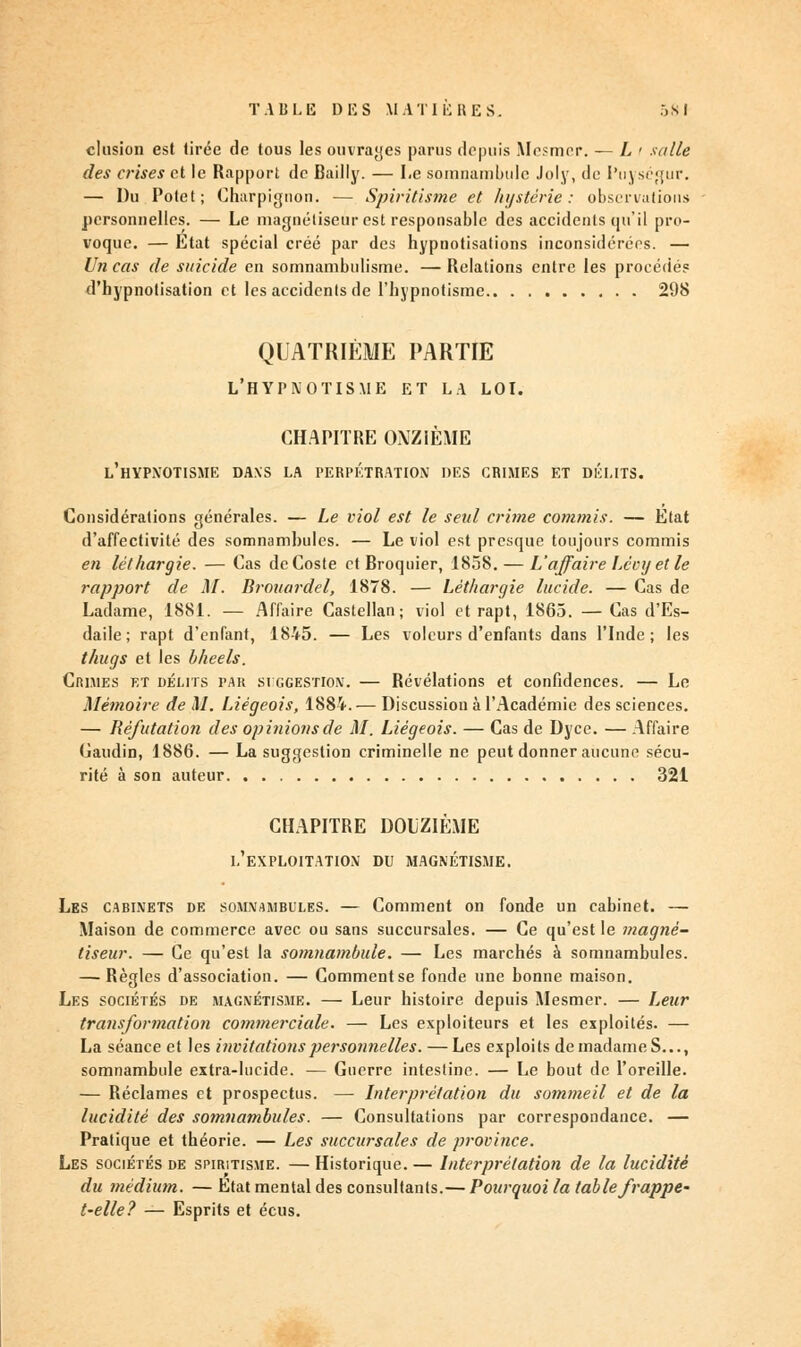 clusion est tirée de tous les ouvrages parus depuis Me?mcr. — L i salle des crises et le Rapport de Bailly. — Le somnambule Joly, de Puységur. — Du Potet; Char pignon. — Spiritisme et hystérie: observations personnelles. — Le magnétiseur est responsable des accidents qu'il pro- voque. — Etat spécial créé par des hypnotisations inconsidérées. — Un cas de suicide en somnambulisme. — Relations entre les procédé? d'hypnotisation et les accidents de l'hypnotisme 298 QUATRIÈME PARTIE l'hypnotisme et la loi. CHAPITRE ONZIÈME l'hypnotisme dans la perpétration des crimes et délits. Considérations générales. — Le viol est le seul crime commis. — Etat d'affectivité des somnambules. — Le viol est presque toujours commis en léthargie. — Cas deCoste et Broquier, 1858. — L'affaire Lécy et le rapport de M. Brouardel, 1878. — Léthargie lucide. — Cas de Ladame, 1881. — Affaire Castellan ; viol et rapt, 1865. — Cas d'Es- daile ; rapt d'enfant, 1845. — Les voleurs d'enfants dans l'Inde; les thugs et les bheels. Crimes et délits par suggestion. — Révélations et confidences. — Le Mémoire de M. Liégeois, 1884.— Discussion à l'Académie des sciences. — Réfutation des opinions de M. Liégeois. — Cas de Dyce. — Affaire Caudin, 1886. — La suggestion criminelle ne peut donner aucune sécu- rité à son auteur 321 CHAPITRE DOUZIÈME l'exploitation du magnétisme. Les cabinets de somnambules. — Comment on fonde un cabinet. — Maison de commerce avec ou sans succursales. — Ce qu'est le magné- tiseur. — Ce qu'est la somnambule. — Les marchés à somnambules. — Règles d'association. — Comment se fonde une bonne maison. Les sociétés de magnétisme. — Leur histoire depuis Mesmer. — Leur transformation commerciale. — Les exploiteurs et les exploités. — La séance et les invitations personnelles. — Les exploits de madame S..., somnambule extra-lucide. — Guerre intestine. — Le bout de l'oreille. — Réclames et prospectus. — Interprétation du sommeil et de la lucidité des somnambules. — Consultations par correspondance. — Pratique et théorie. — Les succursales de province. Les sociétés de spiritisme. — Historique. — Interprétation de la lucidité du médium. — Etat mental des consultants.— Pourquoi la table frappe' t-elle? — Esprits et écus.