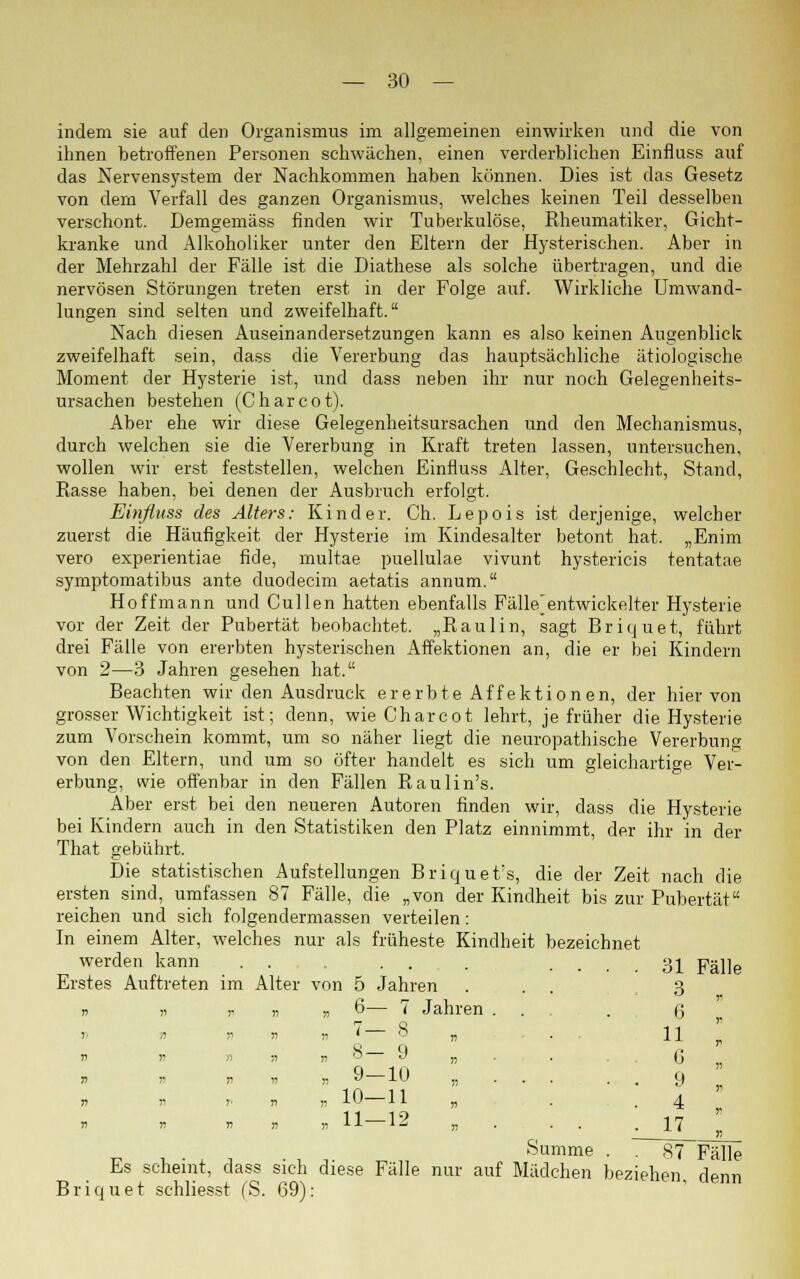 indem sie auf den Organismus im allgemeinen einwirken und die von ihnen betroffenen Personen schwächen, einen verderblichen Einfluss auf das Nervensystem der Nachkommen haben können. Dies ist das Gesetz von dem Verfall des ganzen Organismus, welches keinen Teil desselben verschont. Demgemäss finden wir Tuberkulöse, Rheumatiker, Gicht- kranke und Alkoholiker unter den Eltern der Hysterischen. Aber in der Mehrzahl der Fälle ist die Diathese als solche übertragen, und die nervösen Störungen treten erst in der Folge auf. Wirkliche Umwand- lungen sind selten und zweifelhaft. Nach diesen Auseinandersetzungen kann es also keinen Augenblick zweifelhaft sein, dass die Vererbung das hauptsächliche ätiologische Moment der Hysterie ist, und dass neben ihr nur noch Gelegenheits- ursachen bestehen (Charcot). Aber ehe wir diese Gelegenheitsursachen und den Mechanismus, durch welchen sie die Vererbung in Kraft treten lassen, untersuchen, wollen wir erst feststellen, welchen Einfluss Alter, Geschlecht, Stand, Rasse haben, bei denen der Ausbruch erfolgt. Einfluss des Alters: Kinder. Ch. Lepois ist derjenige, welcher zuerst die Häufigkeit der Hysterie im Kindesalter betont hat. „Enim vero experientiae fide, multae puellulae vivunt hystericis tentatae symptomatibus ante duodecim aetatis annum. Hoff mann und Cullen hatten ebenfalls Fälle^ entwickelter Hysterie vor der Zeit der Pubertät beobachtet. „Raulin, sagt Briquet, führt drei Fälle von ererbten hysterischen Affektionen an, die er bei Kindern von 2—3 Jahren gesehen hat. Beachten wir den Ausdruck ererbte Äff ektionen, der hiervon grosser Wichtigkeit ist; denn, wie Charcot lehrt, je früher die Hysterie zum Vorschein kommt, um so näher liegt die neuropathische Vererbung von den Eltern, und um so öfter handelt es sich um gleichartige Ver- erbung, wie offenbar in den Fällen Raulin's. Aber erst bei den neueren Autoren finden wir, dass die Hysterie bei Kindern auch in den Statistiken den Platz einnimmt, der ihr in der That gebührt. Die statistischen Aufstellungen Briquet's, die der Zeit nach die ersten sind, umfassen 87 Fälle, die „von der Kindheit bis zur Pubertät reichen und sich folgendermassen verteilen: In einem Alter, welches nur als früheste Kindheit bezeichnet werden kann . . Erstes Auftreten im Alter von 5 Jahren n » r v n 6— 7 Jahren . i> « i' ii ii ' ° ii . Ö Q ii ii n ii » o o Ti- li ii ii ii n y J-u ,1 n ii i' n ii -tU I 1 „ 11 19 n ii ii ii iiJ-J-i^ ii- •• Summe . Es scheint, dass sich diese Fälle nur auf Mädchen beziehen, denn Briquet schliesst (S. 69): 31 Fälle 3 W 6 ji 11 71 6 11 9 Yl 4 )■> 17 W 87 Fälle