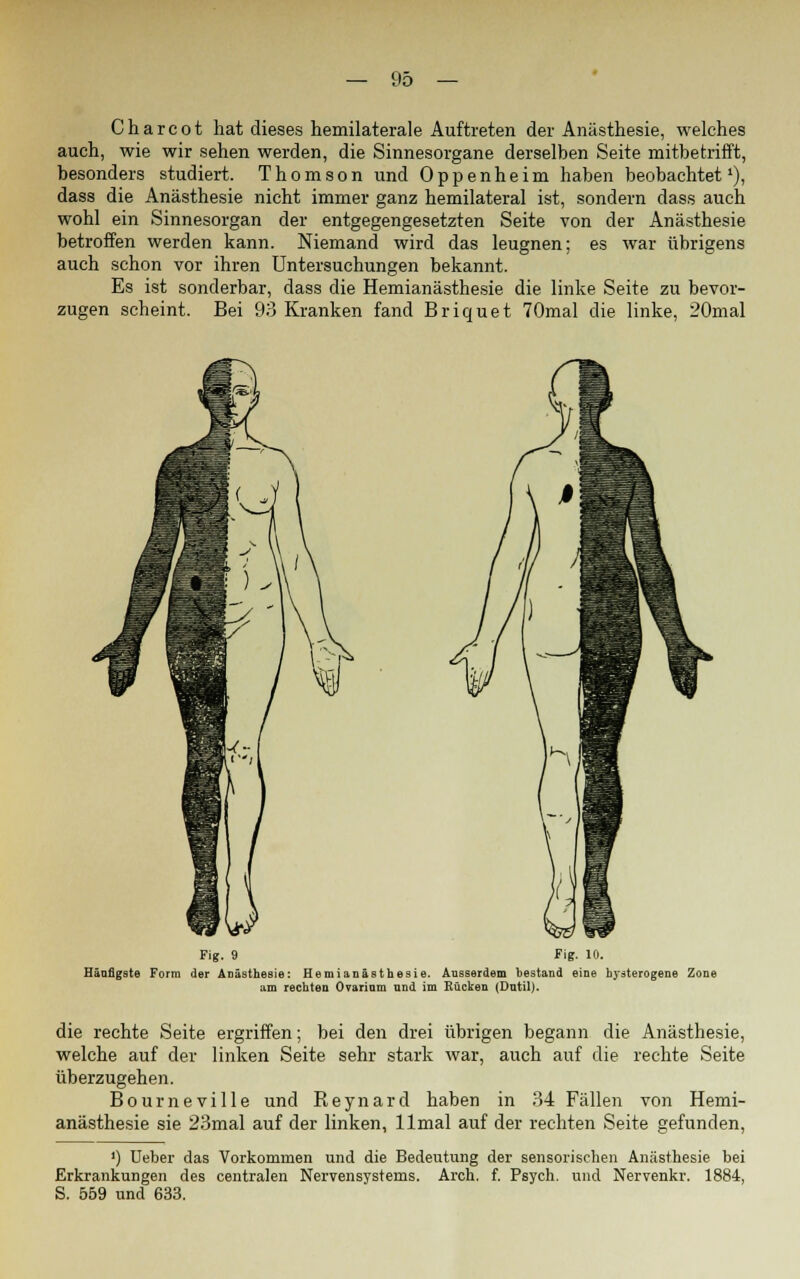 Charcot hat dieses hemilaterale Auftreten der Anästhesie, welches auch, wie wir sehen werden, die Sinnesorgane derselben Seite mitbetrifft, besonders studiert. Thomson und Oppenheim haben beobachtet1), dass die Anästhesie nicht immer ganz hemilateral ist, sondern dass auch wohl ein Sinnesorgan der entgegengesetzten Seite von der Anästhesie betroffen werden kann. Niemand wird das leugnen; es war übrigens auch schon vor ihren Untersuchungen bekannt. Es ist sonderbar, dass die Hemianästhesie die linke Seite zu bevor- zugen scheint. Bei 93 Kranken fand Briquet 70mal die linke, 20mal Fig. 9 Fig. 10. Häufigste Form der Anästhesie: Hemianästhesie. Ausserdem bestand eine hysterogene Zone am rechten Ovarium und im Rucken (Dutil). die rechte Seite ergriffen; bei den drei übrigen begann die Anästhesie, welche auf der linken Seite sehr stark war, auch auf die rechte Seite überzugehen. Bourneville und Reynard haben in 34 Fällen von Hemi- anästhesie sie 23mal auf der linken, llmal auf der rechten Seite gefunden, •) Ueber das Vorkommen und die Bedeutung der sensorischen Anästhesie bei Erkrankungen des centralen Nervensystems. Arch. f. Psych, und Nervenkr. 1884, S. 559 und 633.