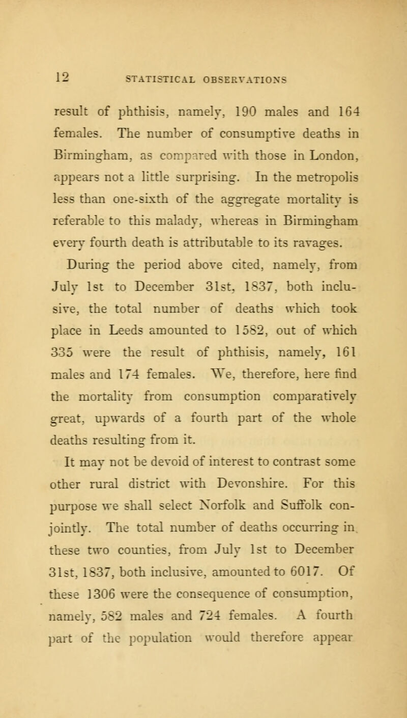 result of phthisis, namely, 190 males and 164 females. The number of consumptive deaths in Birmingham, as compared with those in London, appears not a little surprising. In the metropolis less than one-sixth of the aggregate mortality is referable to this malady, whereas in Birmingham every fourth death is attributable to its ravages. During the period above cited, namely, from July 1st to December 31st. 1837, both inclu- sive, the total number of deaths which took place in Leeds amounted to 1552, out of which 335 were the result of phthisis, namely, 161 males and 174 females. We, therefore, here find the mortality from consumption comparatively great, upwards of a fourth part of the whole deaths resulting from it. It may not be devoid of interest to contrast some other rural district with Devonshire. For this purpose we shall select Norfolk and Suffolk con- jointly. The total number of deaths occurring in these two counties, from July 1st to December 31st, 1837, both inclusive, amounted to 6017. Of these 1306 were the consequence of consumption, namely, 552 males and 724 females. A fourth part of the population would therefore appear