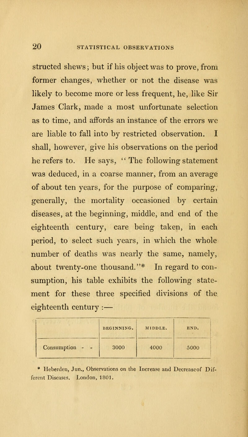 structed shews; but if his object was to prove, from former changes, whether or not the disease was likely to become more or less frequent, he, like Sir James Clark, made a most unfortunate selection as to time, and affords an instance of the errors we are liable to fall into by restricted observation. I shall, however, give his observations on the period he refers to. He says,  The following statement was deduced, in a coarse manner, from an average of about ten years, for the purpose of comparing, generally, the mortality occasioned by certain diseases, at the beginning, middle, and end of the eighteenth century, care being taken, in each period, to select such years, in which the whole number of deaths was nearly the same, namely, about twenty-one thousand.* In regard to con- sumption, his table exhibits the following state- ment for these three specified divisions of the eighteenth century :— BEGINNING. MIDDLE. END. Consumption - - 3000 4000 5000 * Heberden, Jun., Observations on the Increase and Decreaseof Dif- ferent Diseases. London, 1801.