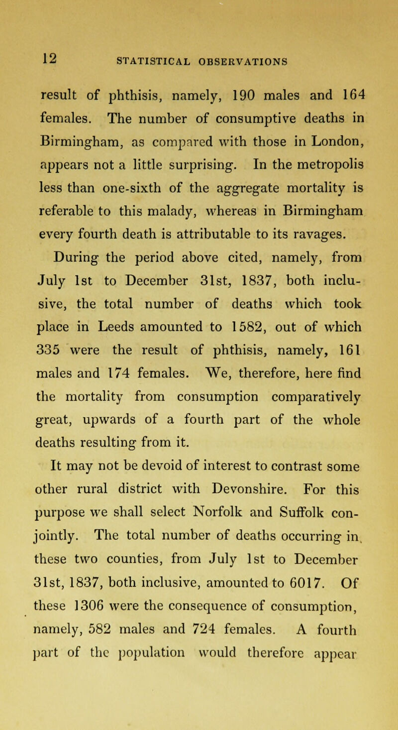 result of phthisis, namely, 190 males and 164 females. The number of consumptive deaths in Birmingham, as compared with those in London, appears not a little surprising. In the metropolis less than one-sixth of the aggregate mortality is referable to this malady, whereas in Birmingham every fourth death is attributable to its ravages. During the period above cited, namely, from July 1st to December 31st, 1837, both inclu- sive, the total number of deaths which took place in Leeds amounted to 1582, out of which 335 were the result of phthisis, namely, 161 males and 174 females. We, therefore, here find the mortality from consumption comparatively great, upwards of a fourth part of the whole deaths resulting from it. It may not be devoid of interest to contrast some other rural district with Devonshire. For this purpose we shall select Norfolk and Suffolk con- jointly. The total number of deaths occurring in, these two counties, from July 1st to December 31st, 1837, both inclusive, amounted to 6017. Of these 1306 were the consequence of consumption, namely, 582 males and 724 females. A fourth part of the population would therefore appear