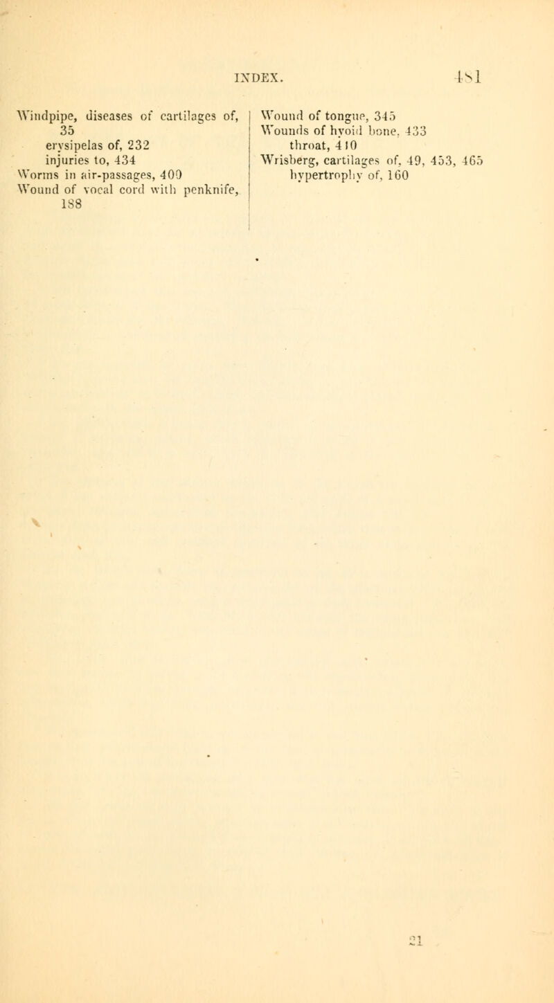 Windpipe, diseases of cartilages of, 35 erysipelas of, 232 injuries to, 434 Worms in air-passages, 409 Wound of vocal cord with penknife, 1S8 Wound of tongue, 345 Wounds of hyoid bone, 433 throat, 410 Wrisberg, cartilages of, 49, 453, 465 hypertrophy of, 160 21