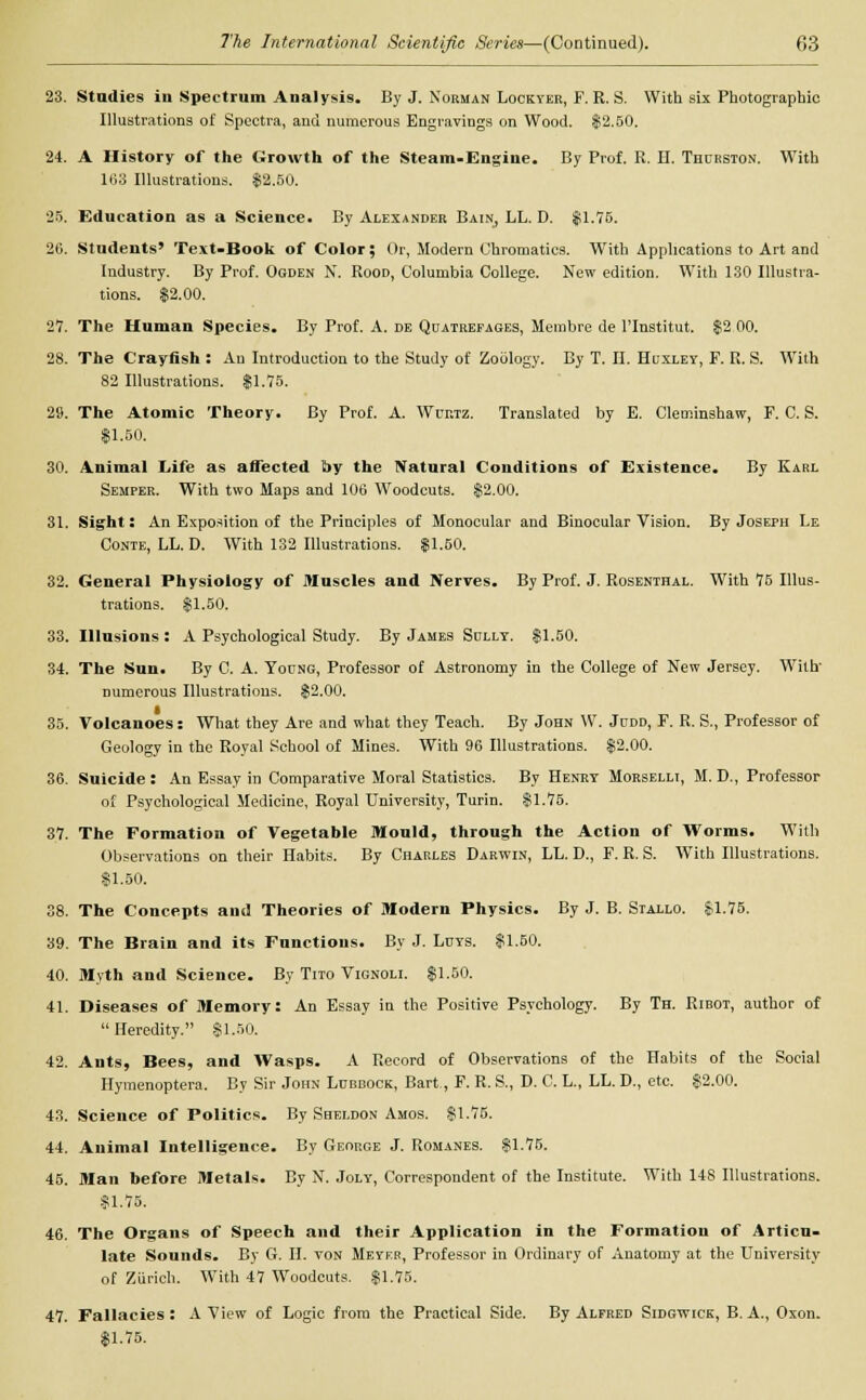 23. Studies in Spectrum Analysis. By J. Norman Lockyer, F. R. S. With six Photographic Illustrations of Spectra, and numerous Engravings on Wood. $2.50. 24. A History of the Growth of the Steam-Engine. By Prof. R. H. Thurston. With 163 Illustrations. $2.50. 26. Education as a Science. By Alexander Bain, LL. D. $1.75. 20. Students' Text-Book of Color; Or, Modern Chromatics. With Applications to Art and Industry. By Prof. Ogden N. Rood, Columbia College. New edition. With 130 Illustra- tions. $2.00. 27. The Human Species. By Prof. A. de Quatrefages, Membre de l'lnstitut. $2 00. 28. The Crayfish : An Introduction to the Study of Zoology. By T. II. Huxley, F. R. S. With 82 Illustrations. $1.75. 29. The Atomic Theory. By Prof. A. Wurtz. Translated by E. Cleminshaw, F. C. S. $1.50. 30. Animal Life as affected by the Natural Conditions of Existence. By Karl Semper. With two Maps and 106 Woodcuts. $2.00. 31. Sight: An Exposition of the Principles of Monocular and Binocular Vision. By Joseph Le Conte, LL. D. With 132 Illustrations. $1.50. 32. General Physiology of Muscles and Nerves. By Prof. J. Rosenthal. With 75 Illus- trations. $1.50. 33. Illusions : A Psychological Study. By James Sully. $1.50. 34. The Sun. By C. A. Young, Professor of Astronomy in the College of New Jersey. With- numerous Illustrations. $2.00. 35. Volcanoes: What they Are and what they Teach. By John W. Judd, F. R. S., Professor of Geology in the Royal School of Mines. With 96 Illustrations. $2.00. 36. Suicide : An Essay in Comparative Moral Statistics. By Henry Morselli, M. D., Professor of Psychological Medicine, Royal University, Turin. $1.75. 37. The Formation of Vegetable mould, through the Action of Worms. With Observations on their Habits. By Charles Darwin, LL. D., F. R. S. With Illustrations. $1.50. 38. The Concepts and Theories of Modern Physics. By J. B. Stallo. $1.75. 39. The Brain and its Functions. By J. Luys. $1.50. 40. Myth and Science. By Tito Vignoli. $1.50. 41. Diseases of Memory: An Essay in the Positive Psychology. By Th. Ribot, author of Heredity. $1.50. 42. Ants, Bees, and Wasps. A Record of Observations of the Habits of the Social Hymenoptera. By Sir John Lubbock, Bart., F. R. S., D. C. L., LL. D., etc. $2.00. 43. Science of Politics. By Sheldon Amos. $1.75. 44. Animal Intelligence. By George J. Romanes. $1.75. 45. Man before Metals. By N. Joly, Correspondent of the Institute. With 148 Illustrations. $1.75. 46. The Organs of Speech and their Application in the Formation of Articu- late Sounds. By G. II. von Meyeb, Professor in Ordinary of Anatomy at the University of Zurich. With 47 Woodcuts. $1.75. 47. Fallacies : A View of Logic from the Practical Side. By Alfred Sidgwick, B. A., Oxon. $1.75.