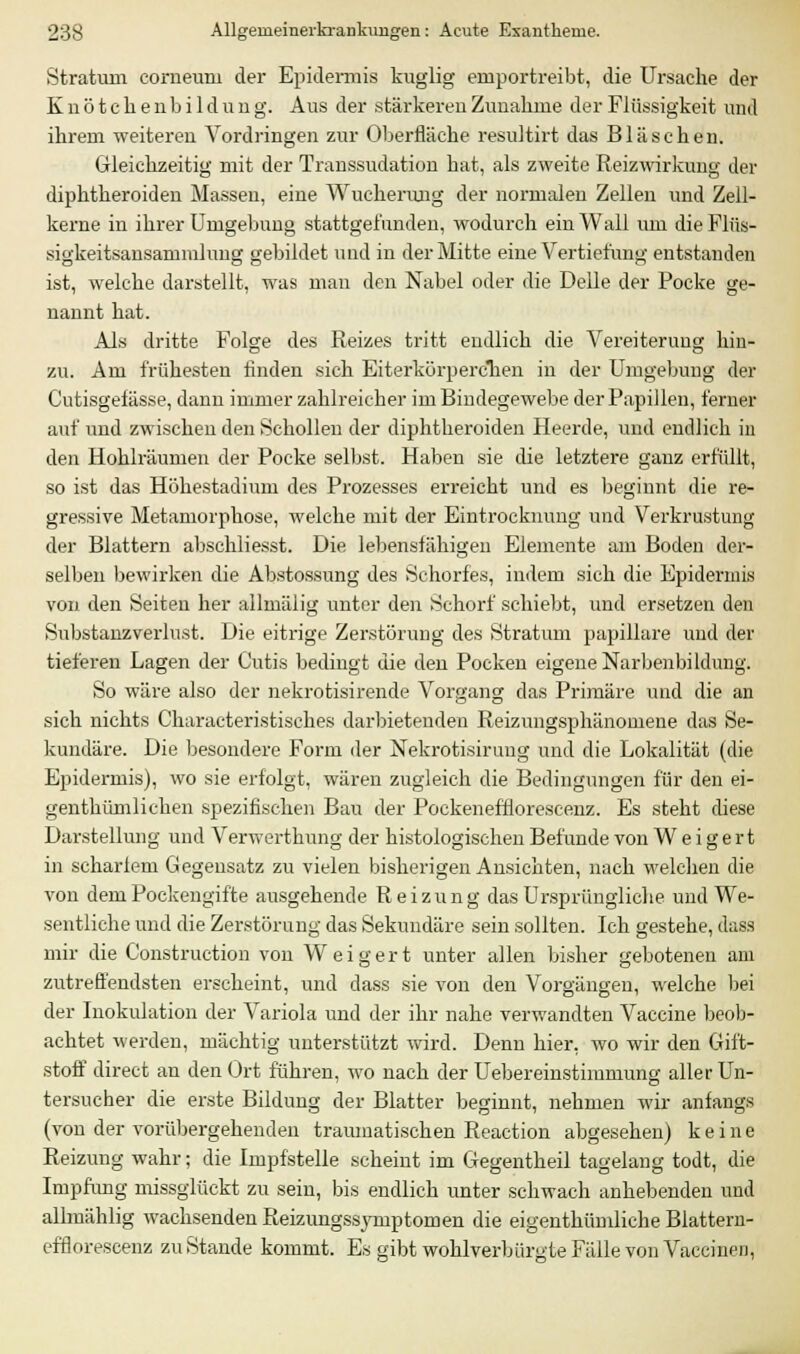 Stratum corneuni der Epidermis kuglig emportreibt, die Ursache der Knötchenbildung. Aus der stärkeren Zunahme der Flüssigkeit und ihrem weiteren Vordringen zur Oberfläche resultirt das Bläschen. Gleichzeitig mit der Transsudaten hat, als zweite Reizwirkung der diphtheroiden Massen, eine Wucherung der normalen Zellen und Zell- kerne in ihrer Umgebung stattgefunden, wodurch ein Wall um die Flüs- sigkeitsansammlung gebildet und in der Mitte eine Vertiefung entstanden ist, welche darstellt, was man den Nabel oder die Delle der Pocke ge- nannt hat. Als dritte Folge des Reizes tritt endlich die Vereiterung hin- zu. Am frühesten finden sich Eiterkörperchen in der Umgebung der Cutisgef ässe, dann immer zahlreicher im Bindegewebe der Papillen, ferner auf und zwischen den Schollen der diphtheroiden Heerde, und endlich in den Hohlräumen der Pocke selbst. Haben sie die letztere ganz erfüllt, so ist das Höhestadium des Prozesses erreicht und es beginnt die re- gressive Metamorphose, welche mit der Eintrocknung und Verkrustung der Blattern abschliesst. Die lebensfähigen Elemente am Boden der- selben bewirken die Abstossung des Schorfes, indem sich die Epidermis von den Seiten her allmälig unter den Schorf schiebt, und ersetzen den Substanzverlust. Die eitrige Zerstörung des Stratum papilläre und der tieferen Lagen der Cutis bedingt die den Pocken eigene Narbenbildung. So wäre also der nekrotisirende Vorgang das Primäre und die an sich nichts Characteristisches darbietenden Reizungsphänomene das Se- kundäre. Die besondere Form der Nekrotisiruug und die Lokalität (die Epidermis), wo sie erfolgt, wären zugleich die Bedingungen für den ei- genthümliehen spezifischen Bau der Pockenefflorescenz. Es steht diese Darstellung und Verwerthung der histologischen Befunde von Weigert in schariem Gegensatz zu vielen bisherigen Ansichten, nach welchen die von demPockengifte ausgehende Reizung das Ursprüngliche und We- sentliche und die Zerstörung das Sekundäre sein sollten. Ich gestehe, dass mir die Construction von Weigert unter allen bisher gebotenen am zutreffendsten erscheint, und dass sie von den Vorgängen, welche bei der Inokulation der Variola und der ihr nahe verwandten Vaccine beob- achtet werden, mächtig unterstützt wird. Denn hier, wo wir den Gift- stoff direct an den Ort führen, wo nach der Uehereinstimmung aller Un- tersucher die erste Bildung der Blatter beginnt, nehmen wir anfangs (von der vorübergehenden traumatischen Reaction abgesehen) keine Reizung wahr; die Impfstelle scheint im Gegentheil tagelang todt, die Impfung missglückt zu sein, bis endlich unter schwach anhebenden und allmählig wachsenden Reizungssyniptomen die eigenthümliche Blattern- efflorescenz zu Stande kommt. Es gibt wohl verbürgte Fälle von Vaccinen,