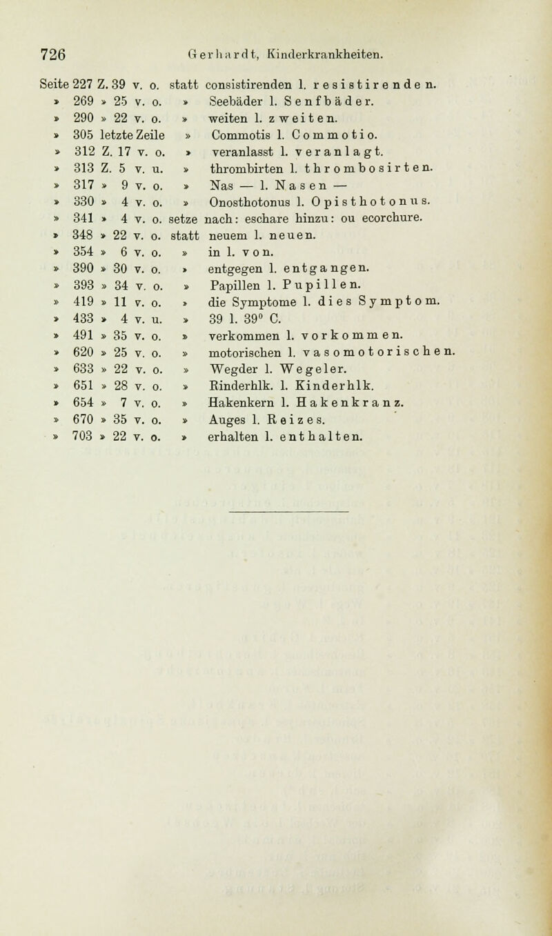 statt consistirenden 1. resistirenden. » Seebäder 1. Senfbäder. » weiten 1. zweiten. » Commotis 1. Commotio. > veranlasst 1. veranlagt. » thrombirten 1. thrombosirten. » Nas — 1. Nasen — » Onosthotonus 1. Opisthotonus. 4 v. o. setze nach: esohare hinzu: ou ecorchure. t neuem 1. neuen. in 1. v o n. entgegen 1. entgangen. Papillen 1. Pupillen. die Symptome 1. dies Symptom. 39 1. 39° C. verkommen 1. vorkommen. motorischen 1. vasomotorischen. Wegder 1. Wegeler. Einderhlk. 1. Kinderhlk. Hakenkern 1. Hakenkranz. Auges 1. E e i z e s. Seite 227 Z. 39 v. o. » 269 » 25 v. o. » 290 » 22 v. o. s 305 letzte Zeile » 312 Z. 17 v. o. » 313 Z. 5 v. u. » 317 » 9 v. o. » 330 » 4 v. o. » 341 » 4 v. o. » 348 » 22 v. o. » 354 » 6 v. o. » 390 » 30 v. o. » 393 » 34 v. o. » 419 » 11 V. 0. > 433 » 4 v. u. » 491 » 35 v. o. » 620 » 25 v. o. » 633 » 22 v. o. » 651 » 28 v. o. » 654 » 7 v. o. » 670 » 35 v. o.