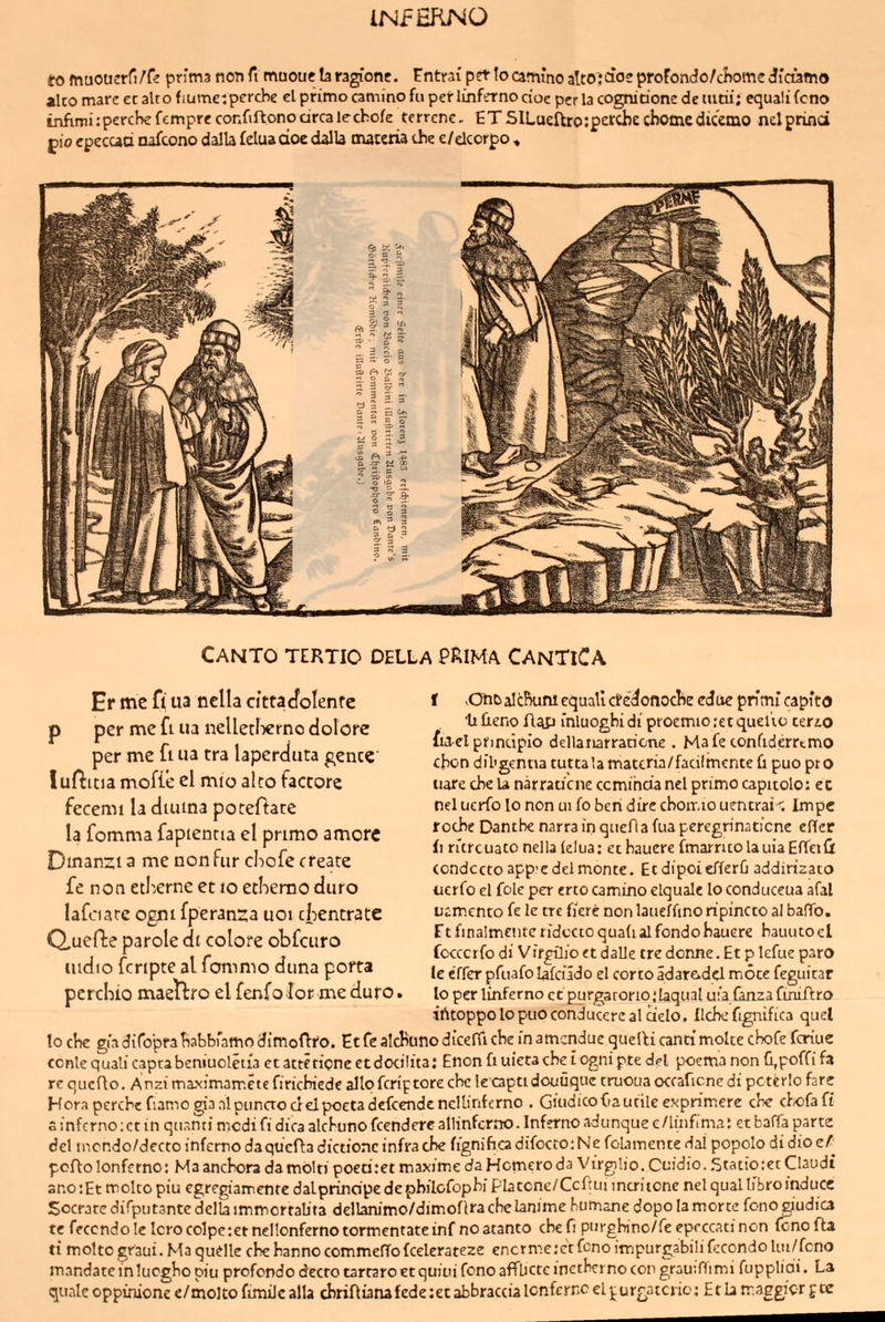 INfHRNO „„ iperchefemprcconfiftonocircalecbofe terrcne, ETSILueftro'.pcrchecbomcdicemo ndprind cio cpecuä aafcono dalla felua doe dalla tnateria thc e/dcorpo ♦ Canto tertio della prima cantiCa Er mc fi( U3 nella dttacfolenrc p per me fi lu neUetI-)€mo dolore per me fi ua tra laperdiita gencc lufttcia mofie cl mio alto faccore fecemi la diuma poceftare la fomma fapienna el primo amorc Dinanzi a me nonfur chofe creace fe non etherne et lo ethemo duro lafciarc ogni fperanza uoi chentrate Q,ue{l:e parole di colore obfcuro iiidio fcripte al fommo duna pofta pcrchio maellro el fenfo lor me duro. f .Otic^alcluini equall c?e'<iofloc!ie educ pnmi capito ti Ueno A^ inluogbidi proemio.»etquel'io cerio fiacl prmdplo dellanarraricne . Mafe tonfiderrtmo cbon di'l'gentia tuttala matcria/fadimcnte ü puo pro uare che U narraucne ccmthcianel primo capitolo: ec rel ucrfo lo non ui fo beri dire cboir-io uencrai^. Impe rocbe Dantbe narra in quefla fua peregrinati'cne cHcr fi ritrcuato nella klua: et bauere fmarntolauia EfTeiÜ (ondcctoapp'cdelmonte. Etdipoiefferü addirizato ucrfo cl fole per erto Camino elqualc lo conduceua afal ujim.cnto (c Ic tre fiere non laueffino ripincto al baffo. Ft finalmcnte ridccco quadal fondobauere bauutocl focccrfo di Vif^io et dalle tre donne. Et p lefue paro le c'ffer pfuafo lafcildo el corto äd3t&d<;l möte feguitar lo per linferno et pur^arorio.'faqual u:'a Tanza Cuuftro iAtoppo lo puo conducerc al ciclo. Hebe fignifka quel lo cbe gi'a difopratiabbramo cJimoOfo. Et fe alcRuno diceffi cbe in amcndue quelU canti molce cbofe fcriue conlequalicaprabeniucletia etatteticneetdocilita: Enonfiuietacheiognipte d?l poemanon ü,poffifa rcqucRo. Anzima-ximametefiricbiede allofcriptorecbclecaptidouüque truouaoccaficnedi pcterlofarc HorapercbefianiogiaalpiinaocidpOGtadcfccndcncmnfcrno . GiudicoCfautile expn'mere cbe c^ofaft s infcrno; et in qu.^nti mcdi ü dica alcbuno fcendere allinfcrno. Inferno adunque c/linfima J et baffa parte dcl incndo/decto infctno daqucfla dictionc infracbe fignificadifocto:Ne folamente dal popolo di dio cA poüolonferno: Maancboradamoltipoeti:etmaximedaHomeroda Virgiho.Cufdio.,Statio:ecClaudi ano:EtmoItopiucgregtannenfedaLprindpedepbiloropbiPlatcne/Ccrcuimcritcnenelquallibroinducc Soeratc difputantc della immcrtabta dellanimo/dimofIra cbe lamme humane dopo la morte fono g/udica tc feccndo le Icrocolpe:et nellonfernotormentateinf noatanto cbe fi purgbino/fe eprccatinon (ono fta timoltogr^üi.Maqudle cbe banne commefTofcelerateze encrme.'ctfcnoimpurgabilifccondoUu/fcno mandateinlucgbo piu prcfondo decro tartaroetquiui fcno affüctc inctbcrno cor grauiYlimi rupplidi. La qunicoppinione e/moicofimiJcalla (iriflianafede:etabbracciaicnferr.cel tur£,atcno; Etb traggicr gcc