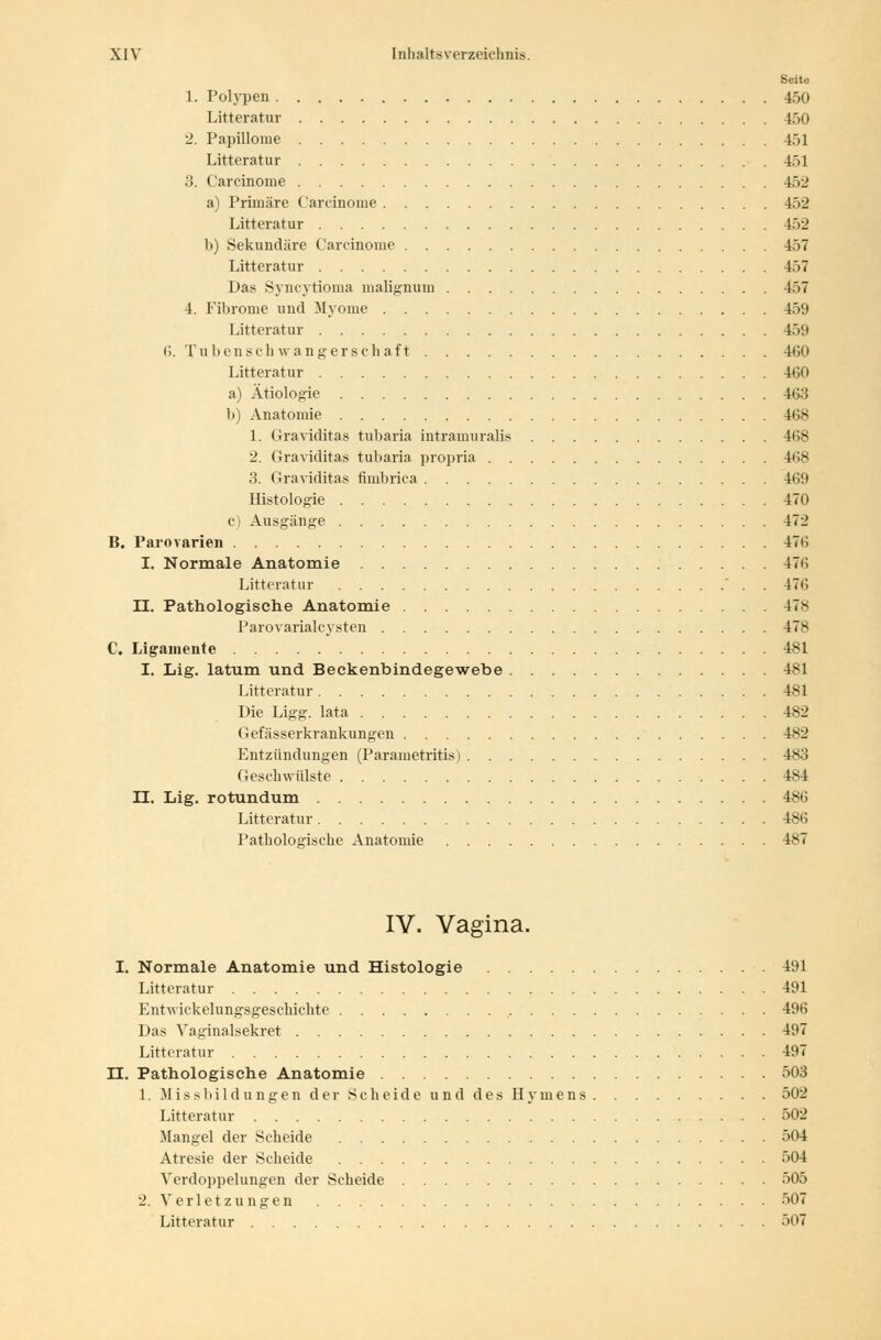 Seite 1. Polypen 450 Litteratur 450 2. Papillome 451 Litteratur 451 3. Carcinome 452 a) Primäre Carcinome 452 Litteratur 152 b) Sekundäre Carcinome 457 Litteratur 457 Das Syncytioma malignuui 457 4. Fibrome und Myome 459 Litteratur 159 6. Tubenschwangerschaft 460 Litteratur 460 a) Ätiologie 463 b) Anatomie 468 1. Graviditas tubaria intramuralis 468 2. Graviditas tubaria propria 4i>* 3. Graviditas fimbrica 469 Histologie 47o c Ausgänge 472 B. Parovarien 476 I. Normale Anatomie 476 Litteratur ' . . 476 II. Pathologische Anatomie 478 Parovarialcysten 478 C. Ligamente 481 I. Lig. latum und Beckenbindegewebe 481 Litteratur 181 Die Ligg. lata 182 Gefässerkrankungen 482 Entzündungen (Parametritisi 483 Gesehwülste 484 II. Lig. rotundum 486 Litteratur 486 Pathologische Anatomie 487 IV. Vagina. I. Normale Anatomie und Histologie 491 Litteratur 491 Entwickelungsgesckichte 496 Das Vaginalsekret 497 Litteratur 497 II. Pathologische Anatomie 503 1. Missbildungen der Scheide und des Hymens 502 Litteratur 502 Mangel der Scheide 504 Atresie der Scheide 504 Verdoppelungen der Scheide 505 2. Verletzungen 507 Litteratur 507