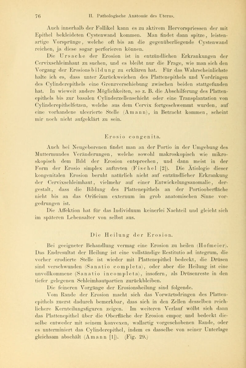 Audi innerhalb der Follikel kann es zu aktivem Hervorspriessen der mit Epithel bekleideten Cystenwand kommen. Man findet dann spitze, leisten- artige Vorsprünge, welche oft bis an die gegenüberliegende Cystenwand reichen, ja diese sogar perforieren können. Die Ursache der Erosion ist in entzündlichen Erkrankungen der Cervixsehleimhaut zu suchen, und es bleibt nur die Frage, wie man sich den Vorgang der Erosionsbildung zu erklären hat. Für das Wahrscheinlichste halte ich es, dass unter Zurückweichen des Plattenepithels und Vordringen des Cylinderepithels eine Grenzverschiebung zwischen beiden stattgefunden hat. In wieweit andere Möglichkeiten, so z. B. die Abschilferung des Platten- epithels bis zur basalen Cylinderzellenschicht oder eine Transplantation von Cylinderepithelfetzen, welche aus dem Cervix fortgeschwemmt wurden, auf eine vorhandene ulcerierte Stelle (Amann), in Betracht kommen, scheint mir noch nicht aufgeklärt zu sein. Erosio congenita. Auch bei Neugeborenen findet man an der Portio in der Umgebung des Muttermundes Veränderungen, welche sowohl makroskopisch wie mikro- skopisch dem Bdd der Erosion entsprechen, und dann meist in der Form der Erosio simplex auftreten (Fi sc hei [2]). Die Ätiologie dieser kongenitalen Erosion beruht natürlich nicht auf entzündlicher Erkrankung der Cervixsehleimhaut, vielmehr auf einer Entwickelungsanomalie, der- gestalt , dass die Bildung des Plattenepithels an der Portiooberfläche nicht bis an das Orificium externum im grob anatomischen Sinne vor- gedrungen ist. Die Affektion hat für das Individuum keinerlei Nachteil und gleicht sich im späteren Lebensalter von selbst aus. Die Heilung der Erosion. Bei geeigneter Behandlung vermag eine Erosion zu heilen (Hofmeier . Das Endresultat der Heilung ist eine vollständige Restitutio ad integrum, die vorher erodierte Stelle ist wieder mit Plattenepithel bedeckt, die Drüsen sind verschwunden (Sanatio completa), oder aber die Heilung ist eine unvollkommene (S an a t i o in c o m p 1 e t a), insofern, als Drüsenreste in den tiefer gelegenen Schleimhautpartien zurückbleiben. Die feineren Vorgänge der Erosionsheilung sind folgende. Vom Rande der Erosion macht sich das Vorwärtsdringen des Platten- epithels zuerst dadurch bemerkbar, dass sich in den Zellen desselben reich- lichere Kernteilungsfiguren zeigen. Im weiteren Verlauf wölbt sich dann das Plattenepithel über die Oberfläche der Erosion empor und bedeckt die- selbe entweder mit seinem konvexen, wallartig vorgeschobenen Rande, oder es unterminiert das Cylinderepithel, indem es dasselbe von seiner Unterlage gleichsam abschält (Amann [1]). (,Fig. 29.)