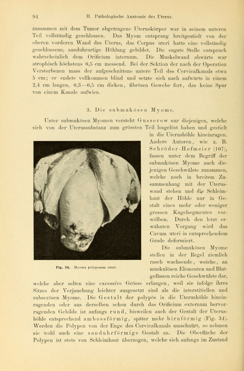 zusammen mit dem Tumor abgetragene rteruskörper war in seinem unteren Teil vollständig geschlossen. Das Myom entsprang breitgestielt von der oberen vorderen Wand des Uterus, das Corpus uteri hatte eine vollständig geschlossene, sanduhrartige Höhlung gebildet. Die engste Stelle entsprach wahrscheinlich dem Orificium internum. Die Muskelwand abwärts war atrophisch höchstens 0,5 cm messend. Bei der Sektion der nach der Operation Verstorbenen mass der aufgeschnittene untere Teil des Cervicalkanals etwa 5 cm; er endete vollkommen blind und setzte sich nach aufwärts in einem 2,4 cm langen, 0,3—0,5 cm dicken, fibrösen Gewebe fort, das keine Spur von einem Kanäle aufwies. 3. Die su b in uk ö sen M v o m e. Unter submukösen Myomen versteht Gusser ow nur diejenigen, welche sich von der Uterussubstanz zum grössten Teil losgelöst haben und gestielt in die Uterushöhle hineinragen. Andere Autoren, wie z. B. Schrö der -Hofmei er (107), fassen unter dem Begriff der submukösen Myome auch die- jenigen (Geschwülste zusammen, welche noch in breitem Zu- sammenhang mit der Uterus- wand stehen und die Schleim- haut der Höhle nur in Ge- stalt eines mehr oder weniger grossen Kugelsegmentes vor- wölben. Durch den letzt er- wähnten Vorgang wird das Cavum uteri in entsprechendem Grade deformiert. Die submukösen Myome stellen in der Kegel ziemlich rasch wachsende, weiche, an muskulösen Elementen und Blut- gefässen reiche Geschwülste dar, welche aber selten eine excessive Grösse erlangen, weil sie infolge ihres Sitzes der Verjauchung leichter ausgesetzt sind als die interstitiellen und subserösen Myome. Die Gestalt der polypös in die Uterushöhle hinein- ragenden oder aus derselben schon durch das Orificium externum hervor- ragenden Gebilde ist anfangs rund, bisweilen auch der Gestalt der Uterus- höhle entsprechend amb oss förmig, später mehr birnförmig (Fig. 34). Werden die Polypen von der Enge des Cervicalkanals umschnürt, so nehmen sie wohl auch eine san d u h r förmige Gestalt an. Die Oberfläche der Polypen ist stets von Schleimhaut überzogen, welche sich anfangs im Zustand Fig. 34. Myoma polyposum uteri.