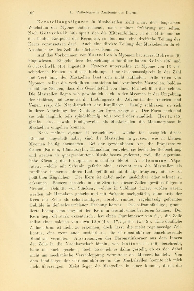 Kernteilungsfiguren in Muskelzellen sieht man, dem langsamen Wachstum der Myome entsprechend, nach meiner Erfahrung nur selten. Nach Grottschalk (40) spielt sich die Mitosenbildung in der Mitte und an den beiden Endpolen des Kerns ab, so dass man eine dreifache Teilung des Kerns voraussetzen darf. Auch eine direkte Teilung der Muskelzellen durch Abschnürung des Zellleibs dürfte vorkommen. Auf das Vorkommen von Mastzellen in Myomen hat zuerst Behrens (9) hingewiesen. Eingehendere Beobachtungen hierüber haben Reich 96) und Gott schalle (40) angestellt. Ersterer untersuchte 21 Myome von 13 ver- schiedenen Frauen in dieser Richtung. Eine Gesetzmässigkeit in der Zahl und Verteilung der Mastzellen lässt sich nicht auffinden. Alle Arten von Myomen, selbst die verkalkten, enthielten bald vereinzelte Mastzellen, bald so reichliche Mengen, dass das Gesichtsfeld von ihnen förmlich übersät erschien. Die Mastzellen liegen wie gewöhnlich auch in den Myomen in der Umgebung der Gefässe, und zwar ist ihr Lieblingssitz die Adventitia der Arterien und Venen resp. die Nachbarschaft der Kapillaren. Häufig schliessen sie sich in ihrer Anordnung der Richtung der Gewebszüge an. Der Form nach sind sie teils länglich, teils spindelförmig, teils ovoid oder rundlich. Hertz (45) glaubt, dass sowohl Bindegewebs- als Muskelzellen die Metamorphose in Mastzellen eingehen können. Nach meinen eigenen Untersuchungen, welche ich bezüglich dieser Elemente angestellt habe, sind die Mastzellen in grossen, wie in kleinen Myomen häufig anzutreffen. Bei der gewöhnlichen Art, die Präparate zu färben (Karmin, Hämatoxylin, Hämalaun) entgehen sie leicht der Beobachtung und werden als quergeschnittene Muskelfasern gedeutet, weil die eigentüm- liche Körnung des Protoplasma unsichtbar bleibt. An Flemming-Präpa- raten , welche mit Safranin gefärbt sind, erkennt man die Mastzellen als rundliche Elemente, deren Leib gefüllt ist mit dichtgedrängten, intensiv rot gefärbten Kügelchen. Der Kern ist dabei meist unsichtbar oder schwer zu erkennen. Bessere Einsicht in die Struktur dieser Zellen gewährt folgende Methode. Schnitte von Stücken, welche in Sublimat fixiert worden waren, werden mit Hämalaun gefärbt und mit Safranin nachgefärbt, dann tritt der Kern der Zelle als scharfrandiges, absolut rundes, regelmässig geformtes Gebilde in tief schwarzblauer Färbung hervor. Das safraninfarbige, granu- lierte Protoplasma umgiebt den Kern in Gestalt eines breiteren Saumes. Der Kern liegt oft stark exzentrisch, hat einen Durchmesser von 6 //, die Zelle selbst einen solchen von etwa 12/<i4,3—17,2 fi Hertz [45]). Eine deutliche Zellmembran ist nicht zu erkennen, doch lässt die meist regelmässige Zell- kontur, eine wenn auch unsichtbare, die Chromatinkörner einschliessende Membran vermuten. Ausstreuungen der Chromatinkörner aus dem Innern der Zelle in die Nachbarschaft hinein, wie Gottschalk (40) beschreibt, habe ich auch gesehen, doch lasse ich es dahin gestellt, ob es sich dabei nicht um mechanische Verschleppung vermittelst des Messers handelt. Von dem Eindringen der Chromatinkörner in die Muskelzellen konnte ich mich nicht überzeugen. Meist liegen die Mastzellen in einer kleinen, durch das
