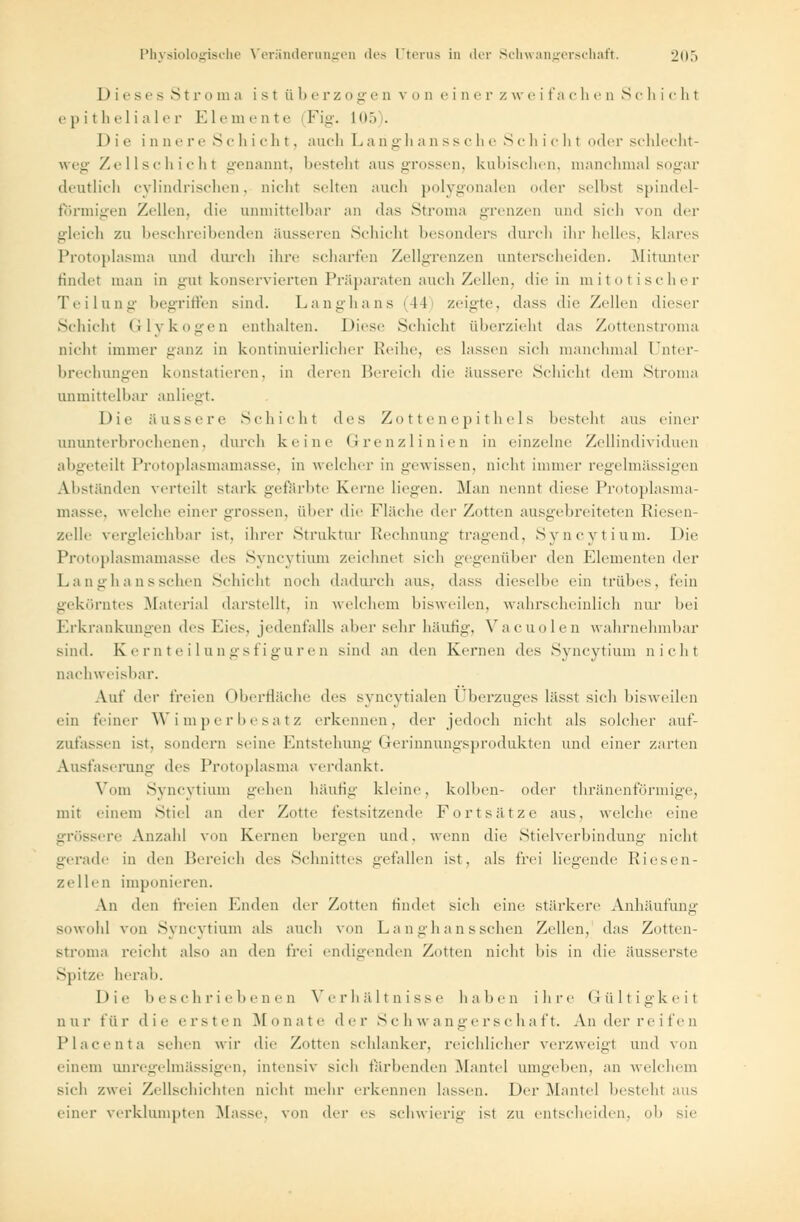 Dieses Stro in a ist ü b e r z o g e n v o n e i n e r z w e i fa c li e n S c h i c h t epithelialer Elemente Fig. L05). 1) i e i n n e re Sc hicht, auch La n g h a nssc h e Sc h i c h t oder schlecht- weg Zellschicht genannt, besteht aus grossen, kuhischen, manchmal sogar deutlich cylindrischen, nicht selten auch polygonalen oder selbst spindel- förmigen Zellen, die unmittelbar an das Stroma grenzen and sich von der gleich zu beschreibenden äusseren Schicht besonders durch ihr helles, klares Protoplasma und durch ihre scharten Zellgrenzen unterscheiden. Mitunter findet man in gul konservierten Präparaten auch Zellen, die in mitotischer Teil uni:- begriffen sind. Langhans (44 zeigte, dass die Zellen dieser Schicht Glykogen enthalten. Diese Schicht überzieht das Zottenstroma nicht immer ganz in kontinuierlicher Reihe, es lassen sich manchmal Unter- brechungen konstatieren, in deren Bereich die äussere Schicht dem Struma unmittelbar anliegt. Die äussere Schichl des Zottenepithels besteht aus einer ununterbrochenen, durch keine Grenzlinien in einzelne Zellindividuen abgeteilt Protoplasinainasse, in welcher in gewissen, nicht immer regelmässigen Abständen verteilt stark gefärbte Kerne liegen. Man nennt diese Protoplasma- masse, welche einer grossen, über die Fläche der Zotten ausgebreiteten Riesen- zelle vergleichbar ist. ihrer Struktur Rechnung tragend. Syncytium. Die Protoplasmamasse des Syncytium zeichnet sich gegenüber den Elementen der La n gh a n s sehen Schicht mich dadurch aus. dass dieselbe ein frühes, fein gekörntes .Material darstellt, in welchem bisweilen, wahrscheinlich nur bei Erkrankungen des Kies, jedenfalls aber sehr bäufig, Vacuolen wahrnehmbar sind. Kernteilungsfiguren sind an den Kernen des Syncytium nicht nachweisbar. Auf' der freien Oberfläche des syncytialen Überzuges lässt sich bisweilen ein feiner Wimperbesatz erkennen, der jedoch nicht als solcher auf- zufassen ist. Sendern seine Entstehung Gerinnungsprodukten und einer zarten Ausfaserung des Protoplasma verdankt. Vom Syncytium gehen häufig kleine, kolben- oder thränenförmige, mit einem Stiel an i\<-\- Zotte festsitzende Fortsätze aus, welche eine grössere Anzahl von Kernen bergen und, wenn die Stielverhindung nicht gerade in den Bereich des Schnittes gefallen ist, als frei liegende Riesen- zellen imponieren. An den freien Luden der Zotten findet sich eine stärkere Anhäufung sowohl von Syncytium als auch von L a n gh a n s sehen Zellen, das Zotten- stroma reicht also an den frei endigenden Zotten nicht Ins in die äusserste Spitze herab. Die beschriebenen Verhältnisse baben ihre Gültigkeit nur für die ersten Monate der Schwangerschaft. An der reifen Place nta sehen wir die Zotten schlanker, reichlicher verzweigt und von einem unregelmässigen, intensiv sich färbenden Mantel umgehen, an welchem sich zwei Zellschichten nicht mehr erkennen lassen. Der Mantel besteht aus einer verklumpten Masse, von der es schwierig ist zu entscheiden, ob sie