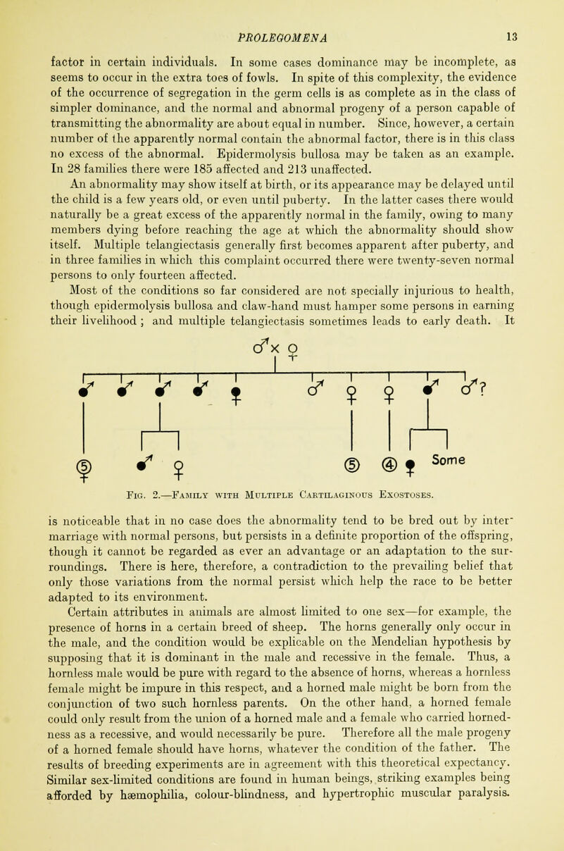 factor in certain individuals. In some cases dominance may be incomplete, as seems to occur in the extra toes of fowls. In spite of this complexity, the evidence of the occurrence of segregation in the germ cells is as complete as in the class of simpler dominance, and the normal and abnormal progeny of a person capable of transmitting the abnormality are about equal in number. Since, however, a certain number of the apparently normal contain the abnormal factor, there is in this class no excess of the abnormal. Epidermolysis bullosa may be taken as an example. In 28 families there were 185 affected and 213 unaffected. An abnormality may show itself at birth, or its appearance may be delayed until the child is a few years old, or even until puberty. In the latter cases there would naturally be a great excess of the apparently normal in the family, owing to many members dying before reaching the age at which the abnormality should show itself. Multiple telangiectasis generally first becomes apparent after puberty, and in three families in which this complaint occurred there were twenty-seven normal persons to only fourteen affected. Most of the conditions so far considered are not specially injurious to health, though epidermolysis bullosa and claw-hand must hamper some persons in earning their livelihood ; and multiple telangiectasis sometimes leads to early death. It cT> ? ft ft ft ft • <? % % it it? Some ft £ © ©f Fig. 2.—Family with Multiple Cartilaginous Exostoses. is noticeable that in no case does the abnormality tend to be bred out by inter marriage with normal persons, but persists in a definite proportion of the offspring, though it cannot be regarded as ever an advantage or an adaptation to the sur- roundings. There is here, therefore, a contradiction to the prevailing belief that only those variations from the normal persist which help the race to be better adapted to its environment. Certain attributes in animals are almost limited to one sex—for example, the presence of horns in a certain breed of sheep. The horns generally only occur in the male, and the condition would be explicable on the Mendelian hypothesis by supposing that it is dominant in the male and recessive in the female. Thus, a hornless male would be pure with regard to the absence of horns, whereas a hornless female might be impure in this respect, and a horned male might be born from the conjunction of two such hornless parents. On the other hand, a horned female could only result from the union of a horned male and a female who carried horned- ness as a recessive, and would necessarily be pure. Therefore all the male progeny of a horned female should have horns, whatever the condition of the father. The results of breeding experiments are in agreement with this theoretical expectancy. Similar sex-limited conditions are found in human beings, striking examples being afforded by haemophilia, colour-blindness, and hypertrophic muscular paralysis.