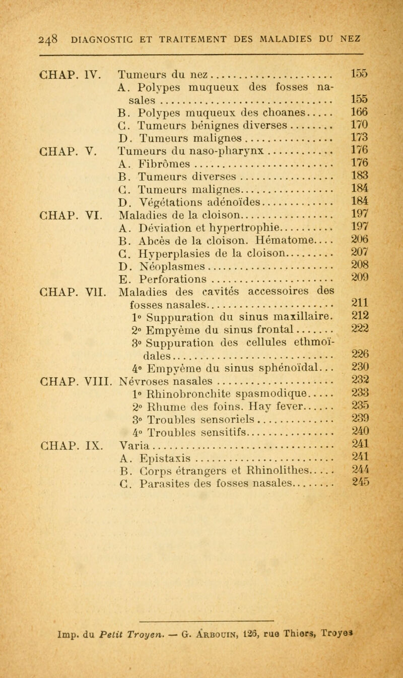 CHAP. IV. Tumeurs du nez 155 A. Polypes muqueux des fosses na- sales 155 B. Polypes muqueux des choanes 166 G. Tumeurs bénignes diverses 170 D. Tumeurs malignes 173 CHAP. V. Tumeurs du naso-pharynx 176 A. Fibromes 176 B. Tumeurs diverses 183 G. Tumeurs malignes 184 D. Végétations adénoïdes 184 CHAP. VI. Maladies de la cloison 197 A. Déviation et hypertrophie 197 B. Abcès de la cloison. Hématome 206 G. Hyperplasies de la cloison 207 D. Néoplasmes 208 E. Perforations 209 CHAP. VII. Maladies des cavités accessoires des fosses nasales 211 1° Suppuration du sinus maxillaire. 212 2° Empyème du sinus frontal 222 3° Suppuration des cellules ethmoï- dales 226 4° Empyème du sinus sphénoïdal... 230 CHAP. VIII. Névroses nasales 232 1° Rhinobronchite spasmodique 233 2° Rhume des foins. Hay fever 235 3° Troubles sensoriels 239 4° Troubles sensitifs 240 CHAP. IX. Varia 241 A. Epistaxis 241 B. Corps étrangers et Rhinolithes 244 C. Parasites des fosses nasales 245 Imp. du Petit Troyen. — G. Àrbouin, 126, rua Thiers, Troyes