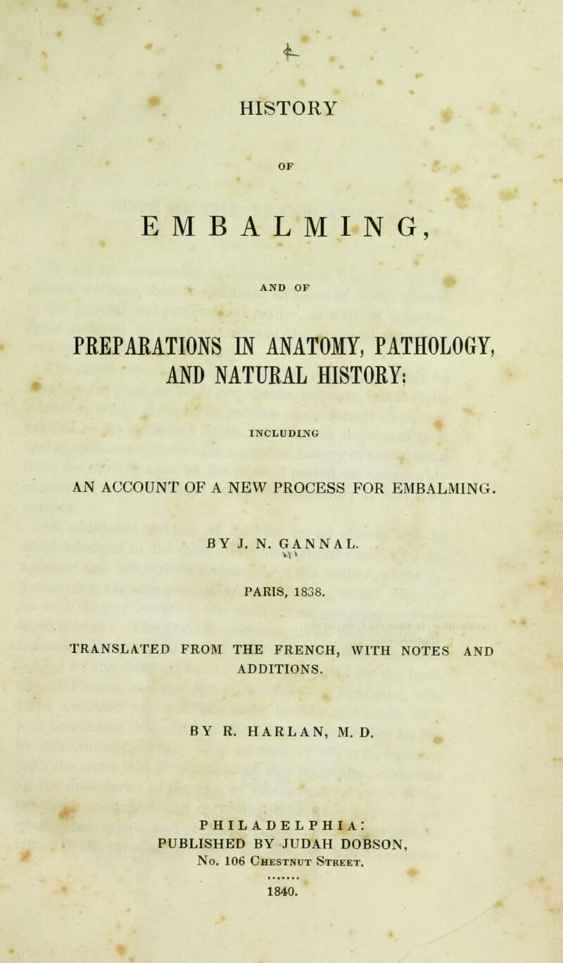 HISTORY OF EMBALMING, PREPARATIONS IN ANATOMY, PATHOLOGY, AND NATURAL HISTORY; INCLUDING AN ACCOUNT OF A NEW PROCESS FOR EMBALMING. BY J. N. GANNAL. PARIS, 1838. TRANSLATED FROM THE FRENCH, WITH NOTES AND ADDITIONS. BY R. HARLAN, M. D. PHILADELPHIA: PUBLISHED BY JUDAH DOBSON, No. 106 Chestnut vStbeet. 1840.