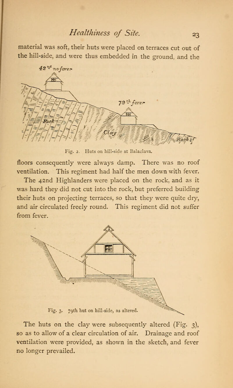 material was soft, their huts were placed on terraces cut out of the hill-side, and were thus embedded in the ground, and the 42 - -no-fever* Fie. Huts on hill-side at Balaclava. floors consequently were always damp. There was no roof ventilation. This regiment had half the men down with fever. The 42nd Highlanders were placed on the rock, and as it was hard they did not cut into the rock, but preferred building their huts on projecting terraces, so that they were quite dry, and air circulated freely round. This regiment did not suffer from fever. Fig- 3- 79th but on hill-side, as altered. The huts on the clay were subsequently altered (Fig. 3), so as to allow of a clear circulation of air. Drainage and roof ventilation were provided, as shown in the sketch, and fever no longer prevailed.