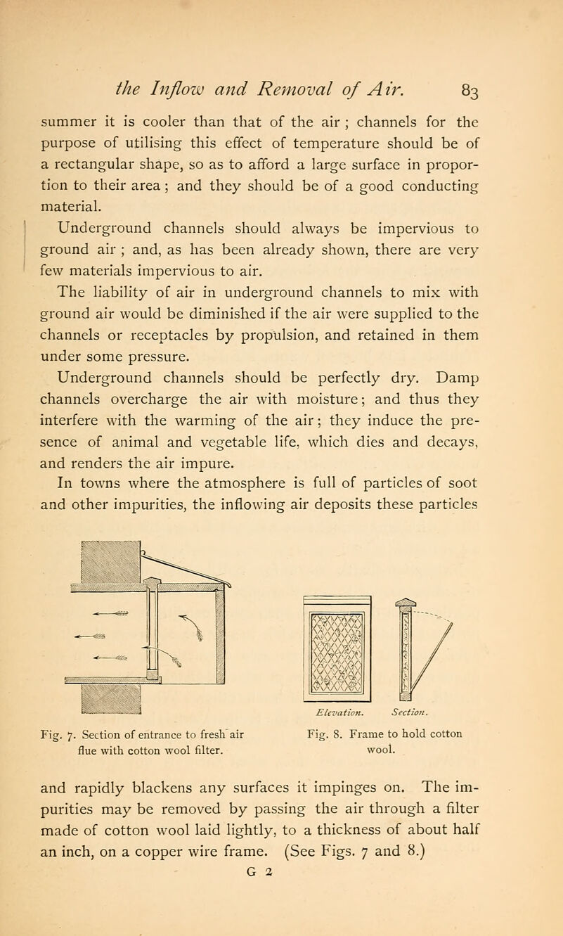 summer it is cooler than that of the air ; channels for the purpose of utilising this effect of temperature should be of a rectangular shape, so as to afford a large surface in propor- tion to their area; and they should be of a good conducting material. Underground channels should always be impervious to ground air ; and, as has been already shown, there are very few materials impervious to air. The liability of air in underground channels to mix with ground air would be diminished if the air were supplied to the channels or receptacles by propulsion, and retained in them under some pressure. Underground channels should be perfectly dry. Damp channels overcharge the air with moisture; and thus they interfere with the warming of the air; they induce the pre- sence of animal and vegetable life, which dies and decays, and renders the air impure. In towns where the atmosphere is full of particles of soot and other impurities, the inflowing air deposits these particles Fii 7. Section of entrance to fresh air flue with cotton wool filter. Elevation. Section. Fig. 8. Frame to hold cotton wool. and rapidly blackens any surfaces it impinges on. The im- purities may be removed by passing the air through a filter made of cotton wool laid lightly, to a thickness of about half an inch, on a copper wire frame. (See Figs. 7 and 8.) G 2