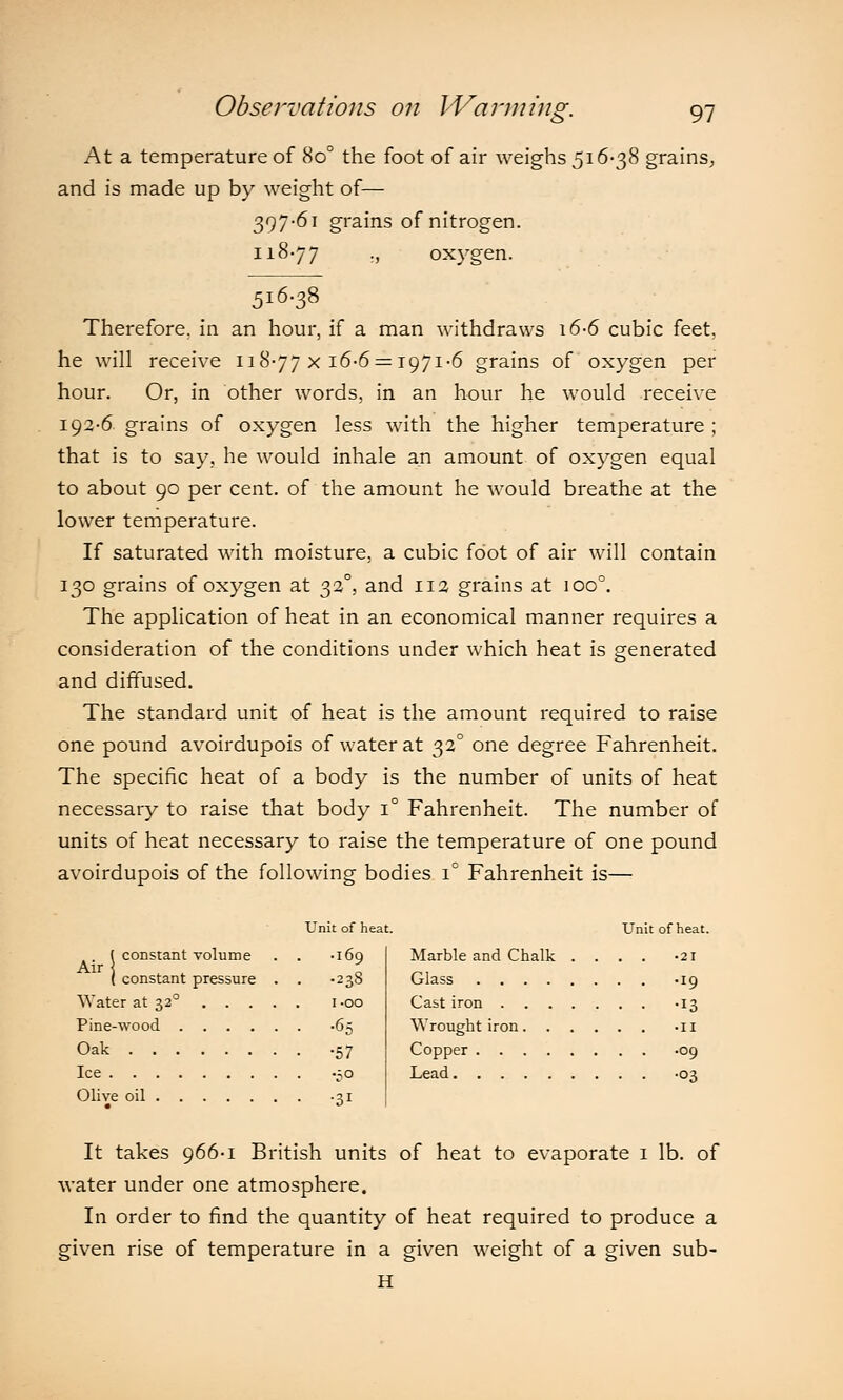 At a temperature of 8o° the foot of air weighs 516-38 grains, and is made up by weight of— 397-61 grains of nitrogen. 11877 ., oxygen. 516-38 Therefore, in an hour, if a man withdraws 16-6 cubic feet, he will receive 118-77 x 16-6=1971-6 grains of oxygen per hour. Or, in other words, in an hour he would receive 192-6 grains of oxygen less with the higher temperature ; that is to say, he would inhale an amount of oxygen equal to about 90 per cent, of the amount he would breathe at the lower temperature. If saturated with moisture, a cubic foot of air will contain 130 grains of oxygen at 32°, and 112 grains at 1000. The application of heat in an economical manner requires a consideration of the conditions under which heat is generated and diffused. The standard unit of heat is the amount required to raise one pound avoirdupois of water at 32° one degree Fahrenheit. The specific heat of a body is the number of units of heat necessary to raise that body i° Fahrenheit. The number of units of heat necessary to raise the temperature of one pound avoirdupois of the following bodies i° Fahrenheit is— constant volume . . -i6q Air \ constant pressure . . -238 Water at 320 1.00 Pine-wood -65 Oak .57 Ice -50 Olive oil -xi Unit of heat. Unit of heat. Marble and Chalk . . . . -21 Glass -19 Cast iron -13 Wrought iron .11 Copper -09 Lead -03 It takes 966-1 British units of heat to evaporate 1 lb. of water under one atmosphere. In order to find the quantity of heat required to produce a given rise of temperature in a given weight of a given sub- H