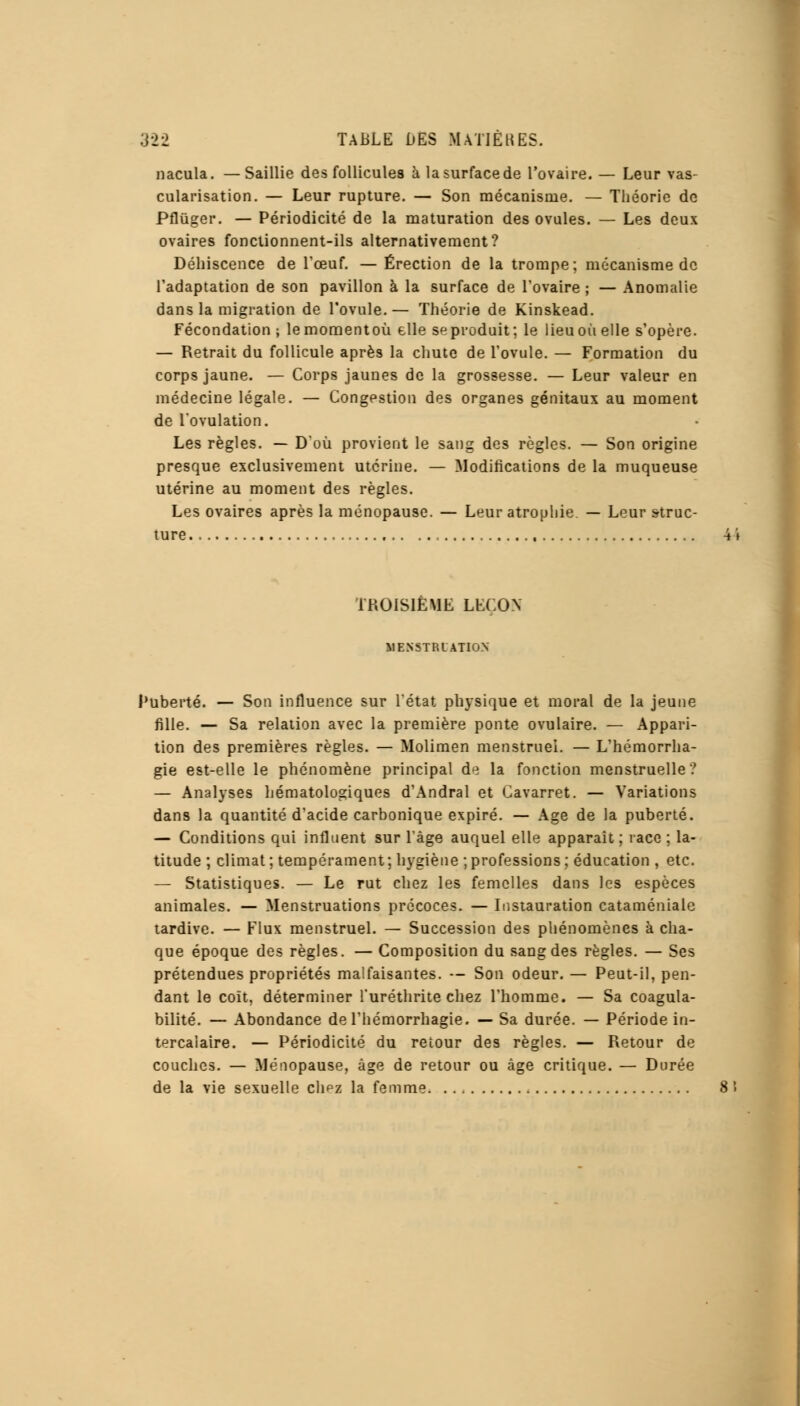 nacula. —Saillie des follicules à la surface de l'ovaire. — Leur vas- cularisation. — Leur rupture. — Son mécanisme. — Théorie de Pfluger. — Périodicité de la maturation des ovules. — Les deux ovaires fonctionnent-ils alternativement? Déhiscence de l'œuf. — Érection de la trompe; mécanisme de l'adaptation de son pavillon à la surface de l'ovaire ; — Anomalie dans la migration de l'ovule.— Théorie de Kinskead. Fécondation ; lemomentoù elle se produit; le lieu où elle s'opère. — Retrait du follicule après la chute de l'ovule. — Formation du corps jaune. — Corps jaunes de la grossesse. — Leur valeur en médecine légale. — Congestion des organes génitaux au moment de l'ovulation. Les règles. — D'où provient le sang des règles. — Son origine presque exclusivement utérine. — Modifications de la muqueuse utérine au moment des règles. Les ovaires après la ménopause. — Leur atrophie — Leur struc- ture TROISIÈME LEÇON MENSTRUATION Puberté. — Son influence sur l'état physique et moral de la jeune fille. — Sa relation avec la première ponte ovulaire. — Appari- tion des premières règles. — Molimen menstruel. — L'hémorrha- gie est-elle le phénomène principal de la fonction menstruelle? — Analyses hématologiques d'Andral et Cavarret. — Variations dans la quantité d'acide carbonique expiré. — Age de la puberté. — Conditions qui influent sur l'âge auquel elle apparaît ; race ; la- titude ; climat; tempérament; hygiène ; professions; éducation , etc. — Statistiques. — Le rut chez les femelles dans les espèces animales. — Menstruations précoces. — Instauration cataméniale tardive. — Flux menstruel. — Succession des phénomènes à cha- que époque des règles. — Composition du sang des règles. — Ses prétendues propriétés malfaisantes. — Son odeur. — Peut-il, pen- dant le coït, déterminer l'uréthrite chez l'homme. — Sa coagula- bilité. — Abondance de l'hémorrhagie. — Sa durée. — Période in- tercalaire. — Périodicité du retour des règles. — Retour de couches. — Ménopause, âge de retour ou âge critique. — Durée de la vie sexuelle cIipz la femme.