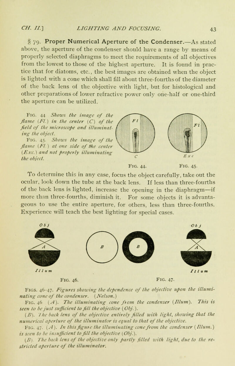 § 79. Proper Numerical Aperture of the Condenser.—As stated above, the aperture of the condenser should have a range by means of properly selected diaphragms to meet the requirements of all objectives from the lowest to those of the highest aperture. It is found in prac- tice that for diatoms, etc., the best images are obtained when the object is lighted with a cone which shall fill about three-fourths of the diameter of the back lens of the objective with light, but for histological and other preparations of lower refractive power only one-half or one-third the aperture can be utilized. E xc Fig. 44 Shows the image of the flame (Ft.) in the center (C) 0/ the field of the microscope and illuminat- ing the object. FlG. 45. Shows the image of the flame (Ft ) at one side of Hie center iF.vc.) and not properly illuminating the object. Fig. 44. Fig. 45. To determine this in any case, focus the object carefully, take out the ocular, look down the tube at the back lens. If less than three-fourths of the back lens is lighted, increase the opening in the diaphragm—if more than three-fourths, diminish it. For some objects it is advanta- geous to use the entire aperture, for others, less than three-fourths. Experience will teach the best lighting for special cases. Ob j o Obj III u 11 I urn Fig. 46. Fig. 47- Figs. 46-47. Figures showing the dependence of the objective upon the illumi- nating cone of the condenser. (Nelson.) Fig. 46 (A). The illuminating cone from the condenser [Ilium). This is seen to be just sufficient to fill the objective (Obj.). (B). I he back lens of the objective entirely filled with light, showing that the numerical aperture of the illuminator is equal to that of the objective. Fig. 47. [A I. In this figure the illuminating cone from the condenser (Ilium.) is seen to be insufficient to fill the objective (Obj.). (/1) The back tens of the objective only partly piled with light, due to the re- stricted aperture of the illuminator.