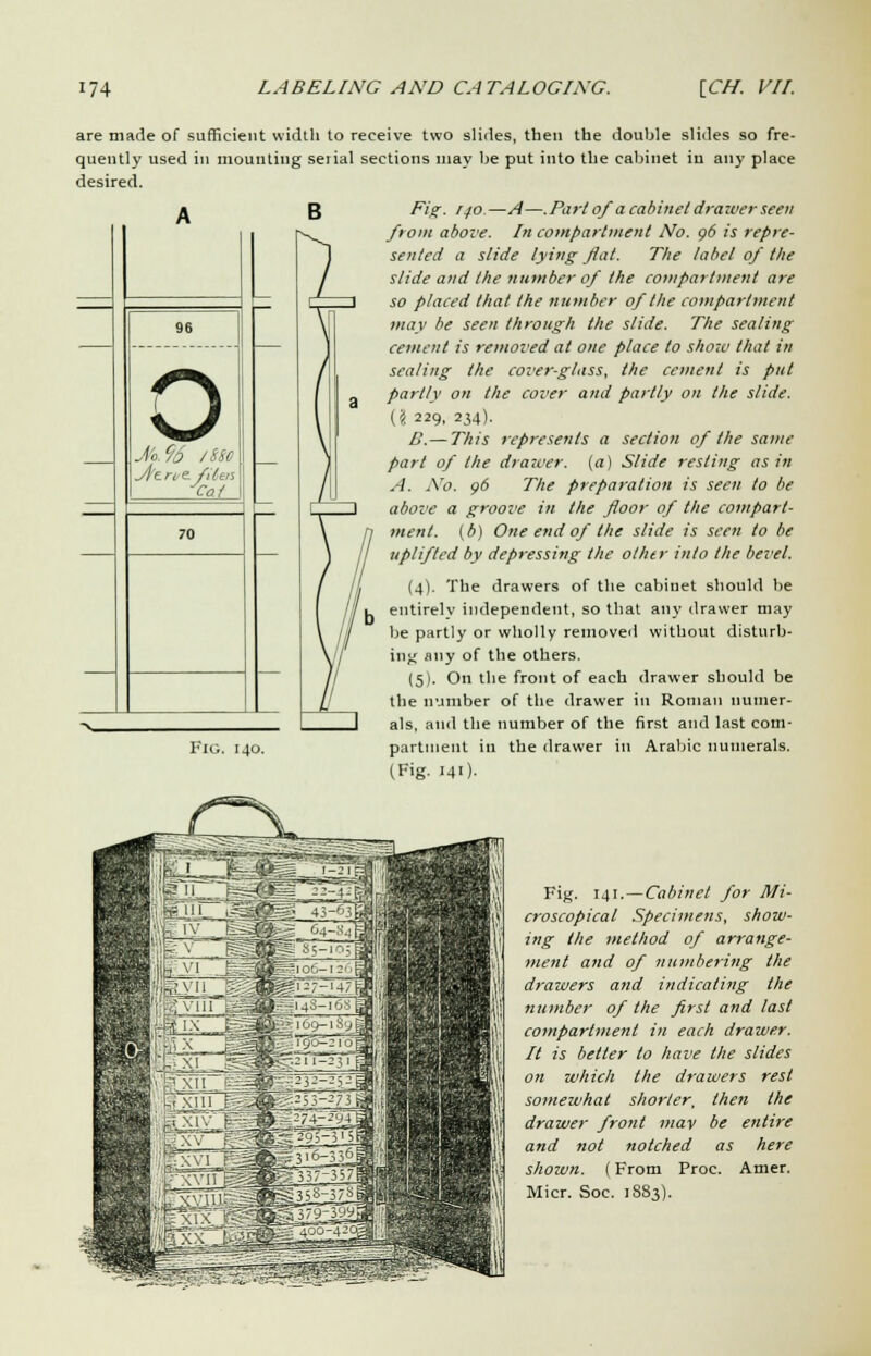 are made of sufficient quently used in nioun desired. 70 Fig. 140. width to receive two slides, then the double slides so fre- ting serial sections may be put into the cabinet iu any place Fig. 140.—A—.Part of a cabinet draiver seen front above. In compartment No. g6 is repre- sented a slide lying flat. The label of the slide and the number of the compartment are so placed that the number of the compartment may be seen through the slide. The sealing cement is removed at one place to show that in sealing the cover-glass, the cement is put partly on the cover and partly on the slide. (? 229, 234). B.— This represents a section of the same part of the drawer, (a) Slide resting as in A. No. 06 The preparation is seen to be above a groove in the floor of the compart- ment, (b) One end of the slide is seen to be uplifted by depressing the other into the bevel. (4). The drawers of the cabinet should be entirely independent, so that any drawer may be partly or wholly removed without disturb- ing any of the others. (5). Oil the front of each drawer should be the number of the drawer in Roman numer- als, and the number of the first and last com- partment in the drawer in Arabic numerals. (Fig. 141)- Fig. 141. — Cabinet for Mi- croscopical Specimens, show- ing the method of arrange- merit and of numbering the drawers and indicating the number of the first and last compartment in each drawer. It is better to have the slides on which the drawers rest somewhat shorter, then the drawer front may be entire and not notched as here shown. (From Proc. Amer. Micr. Soc. 1883).