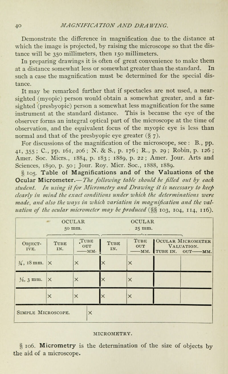 Demonstrate the difference in magnification due to the distance at which the image is projected, by raising the microscope so that the dis- tance will be 350 millimeters, then 150 millimeters. In preparing drawings it is often of great convenience to make them at a distance somewhat less or somewhat greater than the standard. In such a case the magnification must be determined for the special dis- tance. It may be remarked further that if spectacles are not used, a near- sighted (myopic) person would obtain a somewhat greater, and a far- sighted (presbyopic) person a somewhat less magnification for the same instrument at the standard distance. This is because the eye of the observer forms an integral optical part of the microscope at the time of observation, and the equivalent focus of the myopic eye is less than normal and that of the presbyopic eye greater (§ 7). For discussions of the magnification of the microscope, see : B., pp. 41, 355 ; C, pp. 161, 206 ; N. & S., p. 176 ; R., p. 29 ; Robin, p. 126 ; Amer. Soc. Micrs., 1884, p. 183; 1889, p. 22; Amer. Jour. Arts and Sciences, 1890, p. 50; Jour. Roy. Micr. Soc, 1888, 1889. § 105. Table of Magnifications and of the Valuations of the Ocular Micrometer.— The following table should be filled out by each student. In using it for Micrometry and Drawing it is necessary to keep clearly in mind the exact conditions under which the determinations were made, and also the ways in which variation in magnification arid the val- uation of the ocular micrometer may beprodicced (§§ 103, 104, 114, 116). OCULAR OCULAR 50 mm. 25 mm. ■ ~* Object- ive. Tube IN. .Tube out MM. Tube in. Tube out MM. Ocular Micrometer Valuation, tube in. out MM. %, 18 mm. X X X X %, 3 mm. X X X X X X X X Simple Microscope. X MICROMETRY. § 106. Micrometry is the determination of the size of objects by the aid of a microscope.