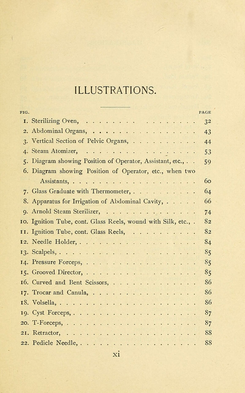 ILLUSTRATIONS. FIG. PAGE 1. Sterilizing Oven, 32 2. Abdominal Organs, 43 3. Vertical Section of Pelvic Organs, 44 4. Steam Atomizer, 53 5. Diagram showing Position of Operator, Assistant, etc., . . 59 6. Diagram showing Position of Operator, etc., when two Assistants, 60 7. Glass Graduate with Thermometer, '. . . 64 8. Apparatus for Irrigation of Abdominal Cavity, 66 9. Arnold Steam Sterilizer, 74 10. Ignition Tube, cont. Glass Reels, wound with Silk, etc., . 82 11. Ignition Tube, cont. Glass Reels, 82 12. Needle Holder, 84 13. Scalpels, 85 14. Pressure Forceps, 85 15. Grooved Director, 85 16. Curved and Bent Scissors, 86 17. Trocar and Canula, 86 18. Volsella, 86 19. Cyst Forceps, 87 20. T-Forceps, 87 21. Retractor, 88 22. Pedicle Needle, 88
