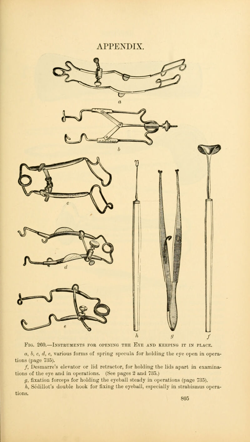 APPENDIX. V Ä 9 f Fig. 260.—Instruments for opening the Eye and keeping it in place. a, b, c, d, e, various forms of spring specula for holding the eye open in opera- tions (page 735). /, Desmarre's elevator or lid retractor, for holding the lids apart in examina- tions of the eye and in operations. (See pages 2 and 735.) g. fixation forceps for holding the eyeball steady in operations (page 735). h, Sedillot's double hook for fixing the eyeball, especially in strabismus opera- tions.