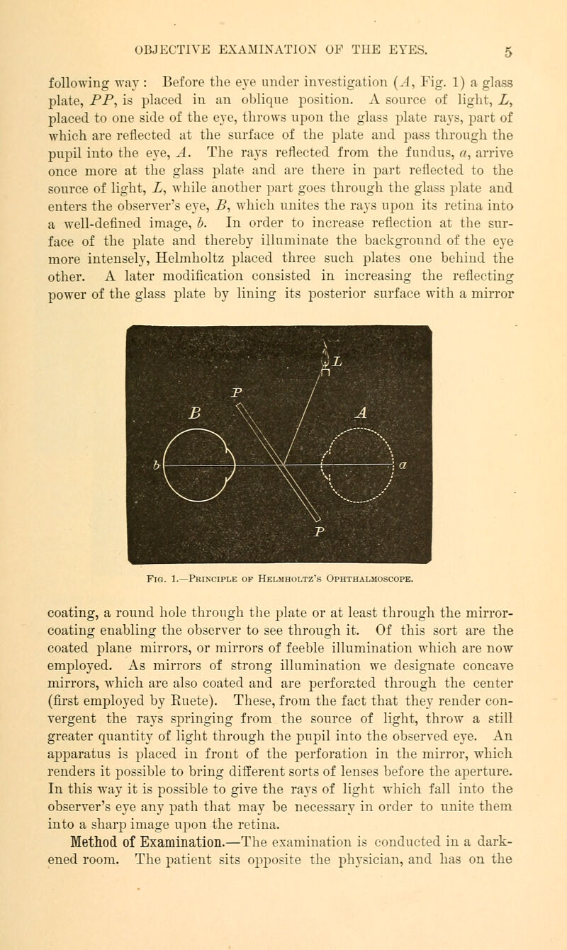 following way : Before the eye under investigation (A, Fig. 1) a glass plate, PP, is placed in an oblique position. A source of light, Z, placed to one side of the eye, throws upon the glass plate rays, part of which are reflected at the surface of the plate and pass through the pupil into the eye, A. The rays reflected from the fundus, a, arrive once more at the glass plate and are there in part reflected to the source of light, Z, while another part goes through the glass plate and enters the observer's eye, B, which unites the rays upon its retina into a well-defined image, b. In order to increase reflection at the sur- face of the plate and thereby illuminate the background of the eye more intensely, Helmholtz placed three such plates one behind the other. A later modification consisted in increasing the reflecting power of the glass plate by lining its posterior surface with a mirror Fig. 1.—Principle of Helmholtz's Ophthalmoscope. coating, a round hole through the plate or at least through the mirror- coating enabling the observer to see through it. Of this sort are the coated plane mirrors, or mirrors of feeble illumination which are now employed. As mirrors of strong illumination we designate concave mirrors, which are also coated and are perforated through the center (first employed by Euete). These, from the fact that they render con- vergent the rays springing from the source of light, throw a still greater quantity of light through the pupil into the observed eye. An apparatus is placed in front of the perforation in the mirror, which renders it possible to bring different sorts of lenses before the aperture. In this way it is possible to give the rays of light which fall into the observer's eye any path that may be necessary in order to unite them into a sharp image upon the retina. Method of Examination.—The examination is conducted in a dark- ened room. The patient sits opposite the physician, and has on the