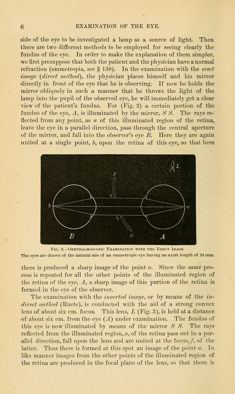 side of the eye to be investigated a lamp as a source of light. Then there are two different methods to be employed for seeing clearly the fundus of the eye. In order to make the explanation of them simpler, we first presuppose that both the patient and the physician have a normal refraction (emmetropia, see § 138). In the examination with the erect image {direct method), the physician places himself and his mirror directly in front of the eye that he is observing. If now he holds the mirror obliquely in such a manner that he throws the light of the lamp into the pupil of the observed eye, he will immediately get a clear view of the patient's fundus. For (Fig. 2) a certain portion of the fundus of the eye, A, is illuminated by the mirror, S 8. The rays re- flected from any point, as a of this illuminated region of the retina, leave the eye in a parallel direction, pass through the central aperture of the mirror, and fall into the observer's eye B. Here they are again united at a single point, b, upon the retina of this eye, so that here Fig. 2.—Ophthalmoscopic Examination with the Erect Image. The eyes are drawn of the natural size of an emmetropic eye having an axial length of 24 mm. there is produced a sharp image of the point a. Since the same pro- cess is repeated for all the other points of the illuminated region of the retina of the eye, A, a sharp image of this portion of the retina is formed in the eye of the observer. The examination with the inverted image, or by means of the in- direct method (Ruete), is conducted with the aid of a strong convex lens of about six cm. focus. This lens, L (Fig. 3), is held at a distance of about six cm. from the eye (^4) under examination. The fundus of this eye is now illuminated by means of the mirror 8 8. The rays reflected from the illuminated region, a, of the retina pass out in a par- allel direction, fall upon the lens and are united at the focus,/, of the latter. Thus there is formed at this spot an image of the point a. In like manner images from the other points of the illuminated region of the retina are produced in the focal plane of the lens, so that there is