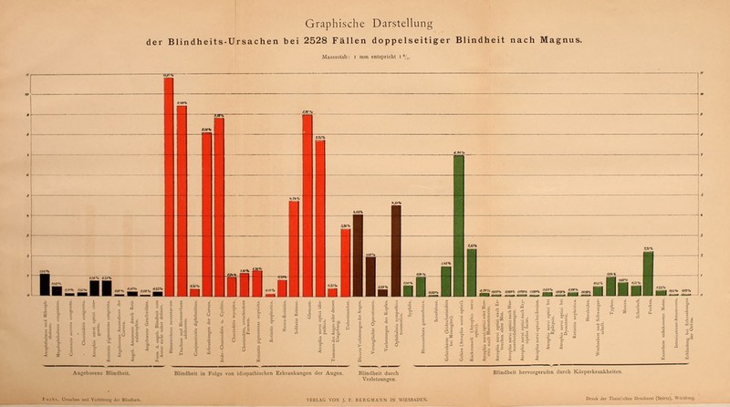 Graphische Darstellung der Blindheits-Ursachen bei 2528 Fällen doppelseitiger Blindheit nach Magnus. Maassstab : I mm entspricht I ' \ ageborene Blindheit. Blindheit in Folge von idiopathischen Erkrankungen der Au Blindheit durch Verletzungen. Blindheit hervorgerufen durch Körperkrankheiten. Druck Jer TiMio' cnen Druckerei (Siunz), Wurjburg.
