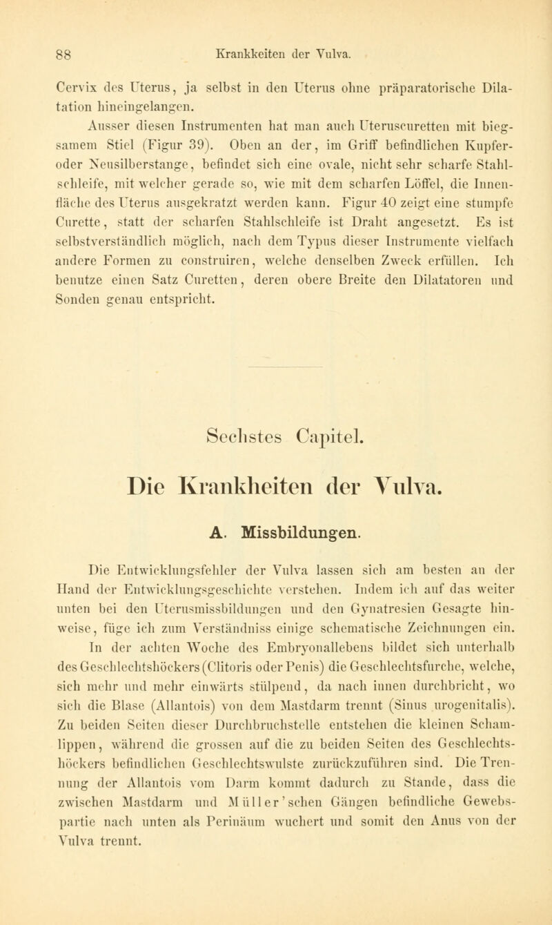 Cervix des Uterus, ja selbst in den Uterus ohne präparatorisehe Dila- tation hineingelangen. Ausser diesen Instrumenten hat man auch Uteruseuretten mit bieg- samem Stiel (Figur 39). Oben an der, im Griff befindlichen Kupfer- oder Neusilberstange, befindet sieh eine ovale, nicht sehr scharfe Stahl- schleife, mit welcher gerade so, wie mit dem scharfen Löffel, die Innen- fläche des Uterus ausgekratzt werden kann. Figur 40 zeigt eine stumpfe Curette, statt der scharfen Stahlschleife ist Draht angesetzt. Es ist selbstverständlich möglich, nach dem Typus dieser Instrumente vielfach andere Formen zu construiren, welche denselben Zweck erfüllen. Ich benutze einen Satz Curetten, deren obere Breite den Diktatoren und Sonden genau entspricht. Sechstes Capitel. Die Krankheiten der Vulva. A. Missbildungen. Die Entwicklungsfehler der Vulva lassen sich am besten an der Hand der Entwicklungsgeschichte verstehen. Indem ich auf das weiter unten bei den Uterusmissbildungen und den Gynatresien Gesagte hin- weise, füge ich zum Verstäudniss einige schematische Zeichnungen ein. In der achten Woche des Embryonallebens bildet sich unterhalb des Geschlechtshöckers (Clitoris oder Penis) die Geschlechtsfurche, welche, sich mehr und mehr einwärts stülpend, da nach innen durchbricht, wo sich die Blase (Allantois) von dem Mastdarm trennt (Sinus urogenitalis). Zu beiden Seiten dieser Durchbruchstelle entstehen die kleinen Scham- lippen, während die grossen auf die zu beiden Seiten des Geschlechts- höckers befindlichen Geschlechtswulste zurückzuführen sind. Die Tren- nung der Allantois vom Darm kommt dadurch zu Stande, dass die zwischen Mastdarm und Müll er'sehen Gängen befindliche Gewebs- partie nach unten als Perinäum wuchert und somit den Anus von der Vulva trennt.