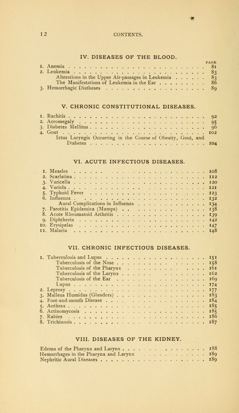 IV. DISEASES OF THE BLOOD. PAGE 1. Anemia 8i 2. Leukemia 83 Alterations in the Upper Air-passages in Leukemia S;^ The Manifestations of Leukemia in the Ear 86 3. Hemorrhagic Diatheses 89 V, CHRONIC CONSTITUTIONAL DISEASES. 1. Rachitis 92 2. Acromegaly 95 3. Diabetes Mellitus 96 4. Gout 102 Ictus Laryngis Occurring in the Course of Obesity, Gout, and Diabetes 104 VI. ACUTE INFECTIOUS DISEASES. 1. Measles 108 2. Scarlatina II2 3. Varicella 120 4. Variola 121 5. Typhoid Fever .... 123 6. Influenza . 132 Aural Complications in Influenza 134 7. Parotitis Epidemica (Mumps) 138 8. Acute Rheumatoid Arthritis 139 9. Diphtheria 142 10. Erysipelas 147 11. Malaria 148 VII. CHRONIC INFECTIOUS DISEASES. 1. Tuberculosis and Lupus 151 Tuberculosis of the Nose 158 Tuberculosis of the Pharynx 161 Tuberculosis of the Larynx 162 Tuberculosis of the Ear 169 Lupus 174 2. Leprosy 177 3. Malleus Humidus (Glanders) 183 4. Foot-and-mouth Disease 184 5. Anthrax 185 6. Actinomycosis 185 7. Rabies 186 8. Trichinosis 187 VIII. DISEASES OF THE KIDNEY. Edema of the Pharynx and Larynx 188 Hemorrhages in the Pharynx and Larynx 189 Nephritic Aural Diseases 189