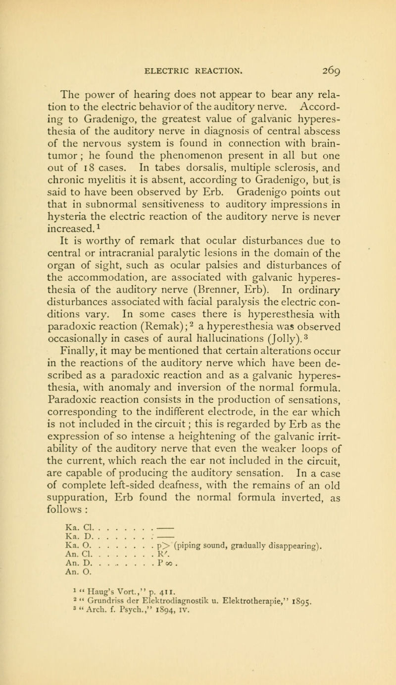 The power of hearing does not appear to bear any rela- tion to the electric behavior of the auditory nerve. Accord- ing to Gradenigo, the greatest value of galvanic hyperes- thesia of the auditory nerve in diagnosis of central abscess of the nervous system is found in connection with brain- tumor ; he found the phenomenon present in all but one out of 18 cases. In tabes dorsalis, multiple sclerosis, and chronic myelitis it is absent, according to Gradenigo, but is said to have been observed by Erb. Gradenigo points out that in subnormal sensitiveness to auditory impressions in hysteria the electric reaction of the auditory nerve is never increased.^ It is worthy of remark that ocular disturbances due to central or intracranial paralytic lesions in the domain of the organ of sight, such as ocular palsies and disturbances of the accommodation, are associated with galvanic hyperes- thesia of the auditory nerve (Brenner, Erb). In ordinary disturbances associated with facial paralysis the electric con- ditions vary. In some cases there is hyperesthesia with paradoxic reaction (Remak); ^ a hyperesthesia was observed occasionally in cases of aural hallucinations (Jolly). ^ Finally, it may be mentioned that certain alterations occur in the reactions of the auditory nerve which have been de- scribed as a paradoxic reaction and as a galvanic hyperes- thesia, with anomaly and inversion of the normal formula. Paradoxic reaction consists in the production of sensations, corresponding to the indifferent electrode, in the ear which is not included in the circuit; this is regarded by Erb as the expression of so intense a heightening of the galvanic irrit- ability of the auditory nerve that even the weaker loops of the current, which reach the ear not included in the circuit, are capable of producing the auditory sensation. In a case of complete left-sided deafness, with the remains of an old suppuration, Erb found the normal formula inverted, as follows : Ka. CI Ka. D Ka. O p> (piping sound, gradually disappearing). An. CI R^ An. D P c/o . An. O. ^  Ilaug's Vort., p. 411. 2  Grundriss der Elektrodiagnostik u. Elektrotherapie, 1895. 3 Arch. f. Psych., 1894, IV.