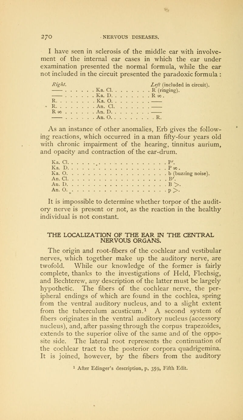 I have seen in sclerosis of the middle ear with involve- ment of the internal ear cases in which the ear under examination presented the normal formula, while the ear not included in the circuit presented the paradoxic formula : Right. Left (included in circuit .... . . Ka. CI . . . R (ringing). . . Ka. D . . .Roo. R . . Ka. 0 R . . An. CI. ... Roo . . . . . . An. D . . An. 0 . . . . R. As an instance of other anomalies, Erb gives the follow- ing reactions, which occurred in a man fifty-four years old with chronic impairment of the hearing, tinnitus aurium, and opacity and contraction of the ear-drum. Ka. Cl Y'. Ka. D ' P 00 . Ka. O b (buzzing noise). An. Cl B^ An. D B >. An. O. ^ p >. It is impossible to determine whether torpor of the audit- ory nerve is present or not, as the reaction in the healthy individual is not constant. THE LOCALIZATION OF THE EAR IN THE CENTRAL NERVOUS ORGANS. The origin and root-fibers of the cochlear and vestibular nerves, which together make up the auditory nerve, are twofold. While our knowledge of the former is fairly complete, thanks to the investigations of Held, Flechsig, and Bechterew, any description of the latter must be largely hypothetic. The fibers of the cochlear nerve, the per- ipheral endings of which are found in the cochlea, spring from the ventral auditory nucleus, and to a slight extent from the tuberculum acusticum.^ A second system of fibers originates in the ventral auditory nucleus (accessory nucleus), and, after passing through the corpus trapezoides, extends to the superior olive of the same and of the oppo- site side. The lateral root represents the continuation of the cochlear tract to the posterior corpora quadrigemina. It is joined, however, by the fibers from the auditory