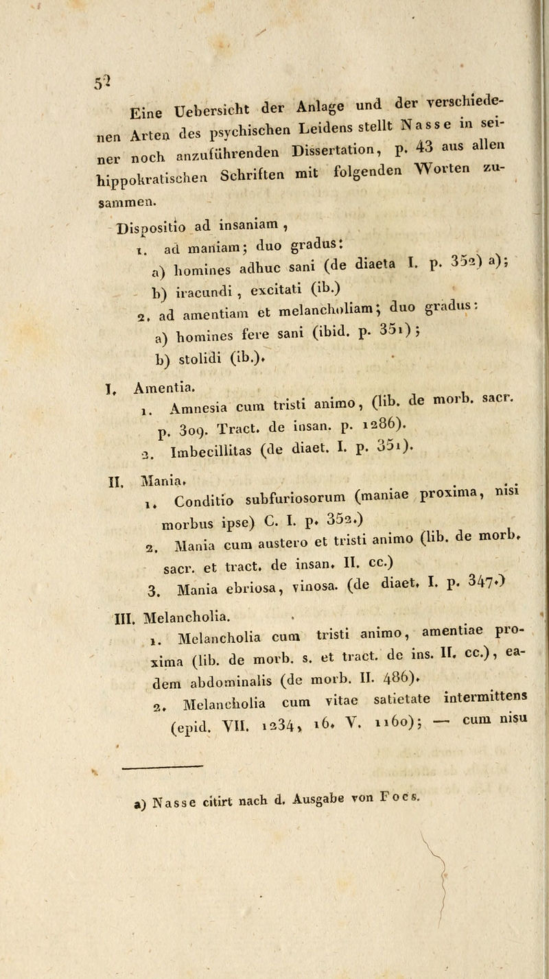 5* Eine Uebersicht der Anlage und der verschiede- „en Arten des psychischen Leidens stellt Nasse in «ei- ner noch anzuführenden Dissertation, Jftt 43 aus allen hippokratischen Schriften mit folgenden Worten su- saramen. Dispositio ad insaniam , i. ad maniara; duo gradus: a) homines adhuc sani (de diaeta I. p. 352) a); h) iracundi , excitati (ib.) 2. ad amentiam et melancholiam; duo gradus: a) homines feie sani (ibid. p. 35») j b) stolidi (ib.)» L Amentia. ;'; Amnesia cum tristi animo, (Hb. de morb. sacr. p. 309. Tract. de iosan. p. 1286). 3. Imbecillitas (de diaet. I. p. 351). II. Mania. . . . 1# Conditio subfuriosorum (maniae proxima, msi morbus ipse) C. I. p» 352.) 3. Mania cum austero et tristi animo (üb. de morb, sacr. et tract. de insan. IL cc.) 3. Mania ebriosa, vinosa. (de diaet. I. p. 347») III. Melancholia. ,. Melancholia cum tristi animo, amentiae pro- xima (Hb. de morb. s. et tract. de ins. II. cc.), ea- dem abdominalis (de morb. II. 486). 2, Melancholia cum vitae satietate intermittens (epid. VII. !234> 16. V. n 60); - cum nisu a) Nasse citirt nach d. Ausgabe von Focs.