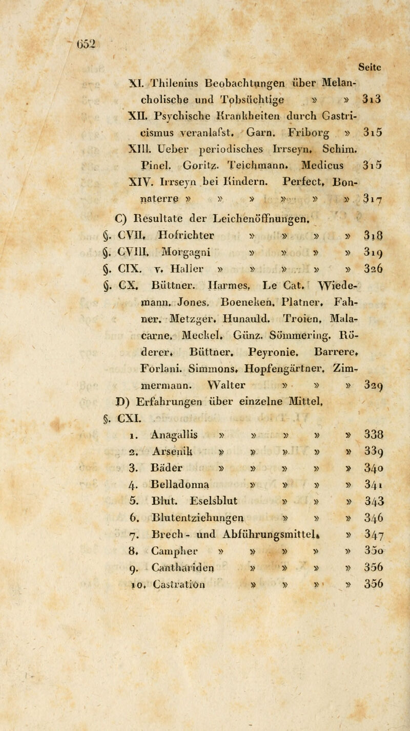 Seite XI. TJiilenius Beobachtungen über Melan- cholische und Tobsüchtige » » 3i3 XII. Psychische Krankheiten durch Gastri- cismus veranlafst. Garn. Friborg » 3i5 XIII. Ueber periodisches Irrseyn, Schim. Pinel. Goritz- Teichmann. Medicus 3i5 XIV. Irrseyn bei Kindern. Perfecta Bon- naterre » » » » » »317 C) Resultate der Leichenöffnungen. §. CVIL Holrichter » » » §. CVI1I. Morgagni » » » §. CIX. v. Haller » » » » §. CX. Büttner. Harmes, Le Cat, Wiede- mann. Jones, Boenehen. Platner, Fah- ner. Metzger, Hunauld. Troien. Mala- carne. Mechel. Günz. Sömmering. Rü- derer» Büttnei\ Peyronie. Barrere* Forlani. Simmons. Hopfengärtner. Zim- mermann. Walter » » » 329 D) Erfahrungen über einzelne Mittel, §. CXI. » 3i8 » 319 » 3a6 1. Anagallis » » » » » 338 2. Arßeiük. » » » » » 339 3. Bäder » » » » » 34o 4- Belladonna » » » y> 34i 5. Blut. Eselsblut » » » 343 6. Blutentziehungen » » » 346 7- Brech- und Abfuhr ungsmittel» » 347 8. Campher » » » » » 35o 9- Canthariden » » » » 356 10, . CastratiOn » » » » 356