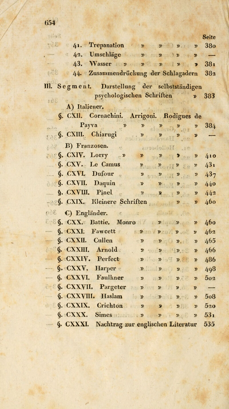 Seite » » » 380 » » » — » » » 381 41. Trepanation 42. Umschläge 43. Wasser » 44- Zusammendrüchung der Schlagadern 38a 111. Segment. Darstellung der selbststä'ndigen psychologischen Schriften » 383 A) Italiener. §. CXll. Cornachini. Arrigoni. Rodigues de Payva » » » » » 384 §. CXIII. Chiarugi » » » » — B) Franzosen. . • §. CX1V. Lorry » » » > » 4lO §. CXV. Le Camus ? J> » » 43 1 §. CXVL Dufour » » » » 437 §. CXVII. Daquin » » » » 440 &. CXVin. Pinel » V » » 442 §. CXIX. Kleinere Schriften » » 460 €) Engländer. §. CXX. Battie. Monro » » » 460 §. CXXI. Fawcett » » » 5? 462 §. CXXH. Cnllen » » ». » 465 §. CXXHI. Arnold » » ». » 466 §. XXXIV. Perfect » » » » 486 §. CXXV. Harper » » 5> » 498 §. CXXVI. Faulhner » » » » 502 §. CXXVH. Pargeter » » » » — §. CXXVni, Haslam 5> » » » 5o8 §. CXXIX. Crichton » V J> » 520 §. CXXX. Simes » » » » 531 §. CXXXI. Nachtrag zur englischen Literatur 535