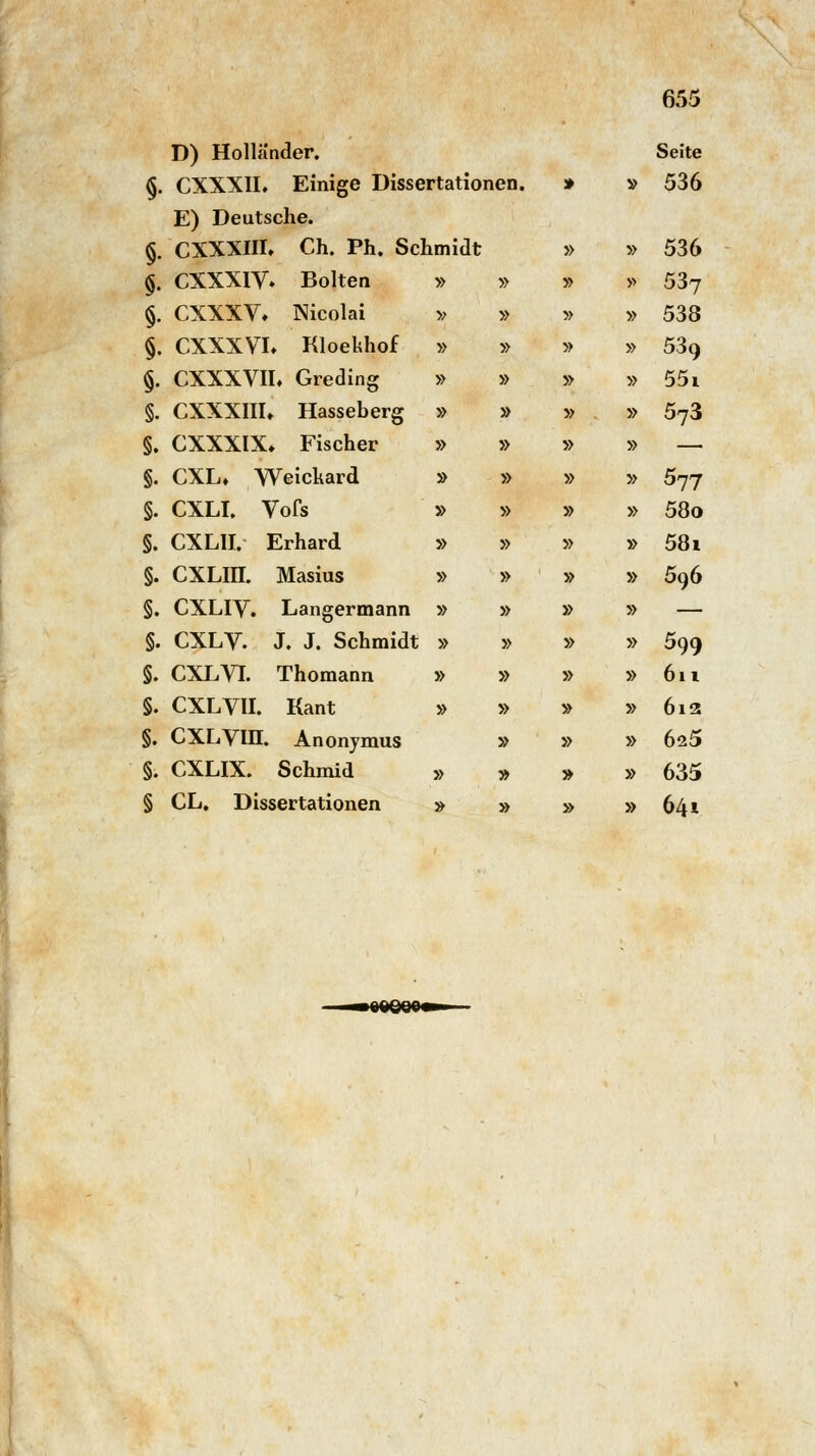 D) Hollander. Seite §. CXXXII. Einige Dissertationen. » » 536 E) Deutsche. §. CXXXIII. Ch. Ph. Schmidt » » 536 §. CXXXIV. Bolten » » » » 537 §. CXXXV* Nicolai » » » » 538 §. CXXXVI. Kloekhof » » » » 539 §. CXXXVIL Greding » » » » 551 §. CXXXIIU Hasseberg » » » » 573 §. CXXXIX» Fischer » » » » — §. CXL» Weickard » » » » 577 §. CXLI. Vofs » » » » 58o §. CXLII. Erhard » » » » 581 §. CXLIII. Masius » » » » 596 §. CXLiy. Langermann » » » » — §. CXLV. J. J. Schmidt » » » » 599 §. CXLVI. Thomann » » » »611 §. CXLVIL Kant » » » »612 §. CXLVm. Anonymus » » » 6^5 §. CXLIX. Schmid » » » » 635 § CL, Dissertationen » » » » 641