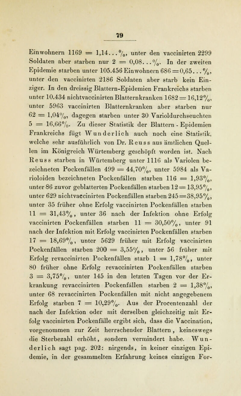 Einwohnern 1169 = 1,14...%, unter den vaccinirten 2299 Soldaten aber starben nur 2 = 0,08...%. In der zweiten Epidemie starben unter 105.456Einwohnern 686=0,65... %, unter den vaccinirten 2186 Soldaten aber starb kein Ein- ziger. In den dreissig Blattern-Epidemien Frankreichs starben unter 10.434 nichtvaccinirten Blatternkranken 1682 = 16,12%, unter 5963 vaccinirten Blatternkranken aber starben nur 62 = 1,04%, dagegen starben unter 30 Varioldurchseuchten 5 = 16,66%- Zu dieser Statistik der Blattern - Epidemien Frankreichs fügt Wunderlich auch noch eine Statistik, welche sehr ausführlich von Dr. Reuss aus ämtlichen Quel- len im Königreich Würtemberg geschöpft worden ist. Nach Reuss starben in Würtemberg unter 1116 als Variolen be- zeichneten Pockenfällen 499 = 44,70%, unter 5984 als Va- rioloiden bezeichneten Pockenfällen starben 116 = 1,93%, unter 86 zuvor geblätterten Pockenfällen starben 12 = 13,95%, unter 629 nichtvaccinirten Pockenfällen starben 245=38,95%, unter 35 früher ohne Erfolg vaccinirten Pockenfällen starben 11 = 31,43%, unter 36 nach der Infektion ohne Erfolg vaccinirten Pockenfällen starben 11 = 30,50%, unter 91 nach der Infektion mit Erfolg vaccinirten Pockenfällen starben 17 = 18,69%, unter 5629 früher mit Erfolg vaccinirten Pockenfällen starben 200 = 3,55%, unter 56 früher mit Erfolg revaccinirten Pockenfällen starb l = 1,78%, unter 80 früher ohne Erfolg revaccinirten Pockenfällen starben 3 = 3,75%, unter 145 in den letzten Tagen vor der Er- krankung revaccinirten Pockenfällen starben 2 = 1,38%, unter 68 revaccinirten Pockenfällen mit nicht angegebenem Erfolg starben 7 = 10,29%. Aus der Proeentenzahl der nach der Infektion oder mit derselben gleichzeitig mit Er- folg vaccinirten Pockenfälle ergibt sich, dass die Vaccination, vorgenommen zur Zeit herrschender Blattern, keineswegs die Sterbezahl erhöht, sondern vermindert habe. Wun- derlich sagt pag. 202: nirgends, in keiner einzigen Epi- demie, in der gesammelten Erfahrung keines einzigen For-