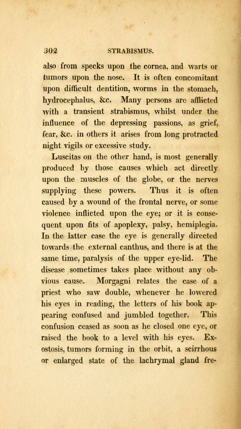 also from specks upon the cornea, and warts or tumors upon the nose. It is often concomitant upon difficult dentition, worms in the stomach, hydrocephalus, &c. Many persons are afflicted with a transient strabismus, whilst under the influence of the depressing passions, as grief, fear, &c. in others it arises from long protracted night vigils or excessive study. Luscitas on the other hand, is most generally produced by those causes which act directly upon the muscles of the globe, or the nerves supplying these powers. Thus it is often caused by a wound of the frontal nerve, or some violence inflicted upon the eye; or it is conse- quent upon fits of apoplexy, palsy, hemiplegia. In the latter case the eye is generally directed towards the external canthus, and there is at the same time, paralysis of the upper eye-lid. The disease sometimes takes place without any ob- vious cause. Morgagni relates the case of a priest who saw double, whenever he lowered his eyes in reading, the letters of his book ap- pearing confused and jumbled together. This confusion ceased as soon as he closed one eye, or raised the book to a level with his eyes. Ex- ostosis, tumors forming in the orbit, a scirrhous or enlarged state of the lachrymal gland fre-