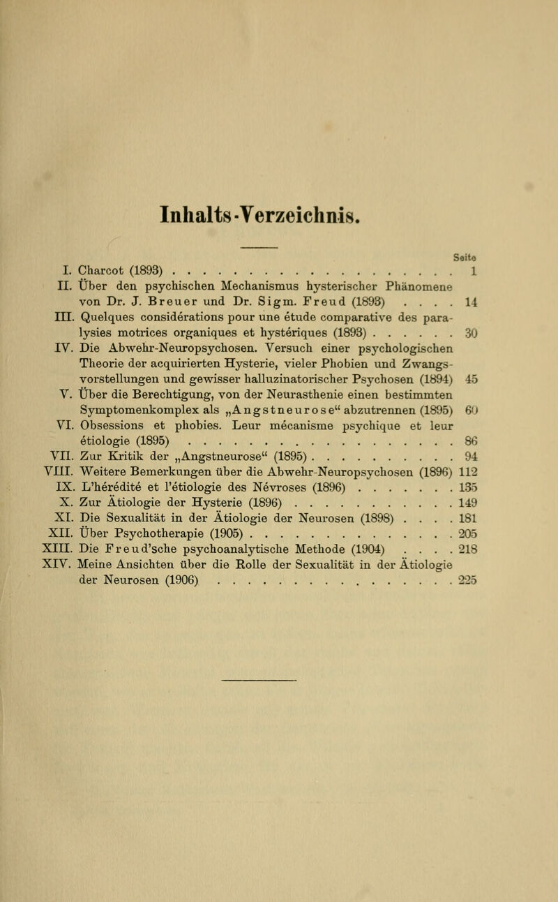 Inhalts -Verzeichnis. Seite I. Charcot (1893) 1 II. Über den psychischen Mechanismus hysterischer Phänomene von Dr. J. Breuer und Dr. Sigm. Freud (1893) .... 14 III. Quelques considerations pour une etude comparative des para- lysies motrices organiques et hysteriques (1893) 30 IV. Die Abwehr-Neuropsychosen. Versuch einer psj'chologischen Theorie der acquirierten Hysterie, vieler Phobien und Zwangs- vorstellungen und gewisser halluzinatorischer Psychosen (1894) 45 V. Über die Berechtigung, von der Neurasthenie einen bestimmten Symptomenkomplex als „Angstneurose abzutrennen (1895) 6<) VI. Obsessions et phobies. Leur mecanisme psychique et leur etiologie (1895) 86 VII. Zur Kritik der „Angstneurose (1895) 94 VIII. Weitere Bemerkungen über die Abwehr-Neuropsychosen (1896) 112 IX. L'heredite et l'etiologie des Nevroses (1896) 135 X. Zur Ätiologie der Hysterie (1896) 149 XI. Die Sexualität in der Ätiologie der Neurosen (1898) .... 181 XII. Über Psychotherapie (1905) 205 XIII. Die Freud'sche psychoanalytische Methode (1904) . . . .218 XIV. Meine Ansichten über die Rolle der Sexualität in der Ätiologie der Neurosen (1906) 225