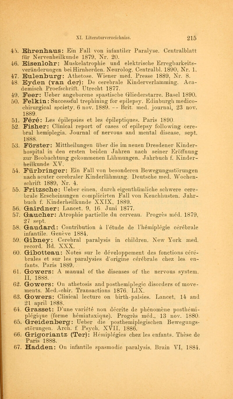 4ö. Bhrenliaus: Ein Fall von infantiler Paralyse. Centralblatt für Nervenheilkunde 1879, Nr. 20. 46. Eisenlolir: Muskelatrophie und elektrische Erregbarkeits- veränderungen bei Hirnherden. Neurolog. Centralbl. 1890, Nr. 1. 47. Eulenburg: Athetose, Wiener med. Presse 1889, Nr. 8. 48. Eyden (yan der): De cerebrale Kinderverlamming. Aca- demisch Proefschrift. Utrecht 1877. 49. Feer: Ueber angeborene spastische Grliederstarre. Basel 1890. 50. Felkin: Successful trephining for epilepsy. Edinburgh medico- chhurgical society, 6 nov. 1889. -- Brit. med. Journal, 23 nov. 1889.^ 51. Fere: Les epilepsies et les epileptiques. Paris 1890. 52. Fislier: Clinical report of cases of epilepsy following cere- bral hemiplegia. Journal of nervous and mental disease, sept. 1888. 53. Förster: Mittheilungen über die im neuen Dresdener Kinder- hospital in den ersten beiden Jahren nach seiner Eröffnung zur Beobachtung gekommenen Lähmungen. Jahrbuch f. Kinder- heilkunde XV. 54. Fürforincrer: Ein Fall von besonderen Bewegungsstörungen nach acuter cerebraler Kinderlähmung. Deutsche med. Wochen- schrift 1889, Nr. 4. 55. Fritzsclie: Ueber einen, durch eigenthümliche schwere cere- brale Erscheinungen complicirten Fall von Keuchhusten. Jahr- buch f. Kinderheilkunde XXIX, 1889. 56. Gairdner: Lancet. 9, 16. Juni 1877. 57. Gauclier: Atrophie partielle du cerveau. Progres med. 1879. 27 sept. 58. Gaudard: Contribution ä l'etude de l'hemiplegie cerebrale infantile. Greneve 1884. 59. Gibney: Cerebral paralysis in children. New York med. record. Bd. XXX. 60. Gibotteau: Notes sur le developpement des fonctions cere- brales et sur les paralysies d'origine cerebrale chez les en- fants. Paris 1889. 61. Gowers: A manual of the diseases of the nervous System. II, 1888. 62. Gowers: On athetosis and posthemiplegic disorders of move- ments. Med.-chir. Transactions 1876, LIX. 63. Gowers: Clinical lecture on birth-palsies. Lancet, 14 and 21 april 1888. 64. Grasset: D'une variete non decrite de phenomene posthemi- plegique (forme hemiataxique). Progres med., 13 nov. 1880. 65. Greidenbercf: Ueber die posthemiplegischen Bewegungs- störungen. Arch. f. Psych. XVII, 1886. 66. Grigoriantz (Ter): Heraiplegies chez les enfants. These de Paris 1888. 67. Hadden: On infantile spasmodic paralysis. Brain VI, 1884.