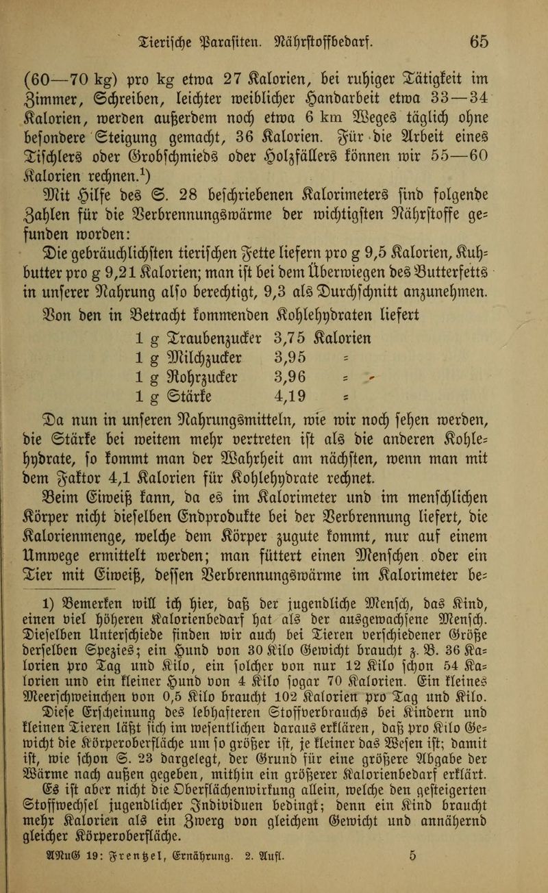 (60—70 kg) pro kg etroa 27 Calorien, 6ei rugger STatigfeit im dimmer, ©djretben, leister roeiblid^er §anbarbeit etroa 33 — 34 Calorien, roerben aufeerbem nodfj etroa 6 km SBegeS tdglid^ oljne befonbere ©teigung gemad£)t, 36 Calorien. gitrbie 2lrbeit eineS £ifd£)ler3 ober ©robfcfymiebS ober ^olgfatter^ fonnen roir 55—60 Calorien redjnen.1) SRit £ilfe be3 ©.28 befdjriebenen Calorimeter^ ftnb folgenbe 3al)Ien fur bie aSerbrennunggroarme ber roidjtigften !J?d£)rftoffe ge- funben roorben: 2)ie gebraudE)licf)ften tiertfd^en gette liefern pro g 9,5 Calorien, Cufy= huttex pro g 9,21 Calorien; man ift bet bem tiberroiegen be3 Suttcrf etts in unferer Jiafyrung alfo berecfytigt, 9,3 ate ©urd£)fd)nitt anjunefymen. 2?on ben in 93etrad)t fommenben Cofyleljtjbraten lieferi 1 g Xraubenjucfer 3,75 Calorien 1 g TOdjjutfer 3,95 1 g Sfto^rjudfer 3,96 * - 1 g ©tarfe 4,19 SDa nun in unferen 9iaf)rung3mitteln, roie roir nodE) fef)en roerben, bie ©tarfe bei roeitem mefyr oertreten ift al3 bie anberen Cofyle; ^pbrate, fo lommt man ber SBafyrljeit am nacfyften, roenn man mit bem $aftor 4,1 Calorien fiir Cotjlefjpbrate rennet. Seim ©iroeift fann, ba e§ im Calorimeter unb im menfd)lid)en Corper nid£)t biefelben ©nbprobufte bei ber SSerbrennung liefert, bie Calorienmenge, roelcfye bem Corper jugute !ommt, nur auf einem Umroege ermittelt roerben; man fiittert einen 9J?enfdjen ober ein S£ier mit Siroeifs, beffen 33erbrennung3roarme im Calorimeter be^ 1) SBemerfen toiU tdfy tjter, bafj ber jugenbttdje 9ftenftf), ba§ ®inb, einen t)teX fybfyeren $alorienbebarf fyat aU ber au3gettmd)[ene 9tten{dj. 2)ie(elben Unterjcfyiebe ftnben ttrir aud) bei Xieren tierfdjiebener ©rofte berjelben <Spesie3; ein £nmb t)on 30 Mo ^emtd)t braud)t &. 83. 36 ®a~ lorien pro Xag unb Mo, ein folder t)on nur 12 Mo fd)on 54 ®a= iorien unD ein fletner §unb fcon 4 Mo fogar 70 Calorien. (Sin fteine3 9Jleerjd)tt)etttd)en Don 0,5 Mo braucfyt 102 ®atorien pro Stag unb Mo. 3)tefe (Srfctjeinung be3 lebfyafteren ©tofftterbraudjS bet Mtbern unb fleinen Xieren lafct fief) tm tt)efentlid)en barau£ erfl&ren, ba$ pro Mo ©e^ ttridjt bie fttfrperoberflddje urn jo grower ift, je !leiuer ba§> 2Befen ift; batntt ift, roie fcfyon ©. 23 bargelegt, ber ©runb fitr eine groftere $bgabe ber SBtirme nad) auften gegeben, mttfyin ein grdfterer Stalorienbebarf erfldrt. (££ ift aber nt^t bit £)berflad)enttrirfung attetn, toeldje ben ciefteigerten ©tofftoecfyfel jtugenbtid^er ^nbiotbuen bebingt; benn ein SHnb braurf)t me^r ^alorien al3 ein Qmerg t)on gleid)em ©ewic^t unb anndf)ernb gteict)er ^5rperoberjTdd)e. TOu® 19: ^ren^el, ©rna^rung. 2. 2Tuft. 5