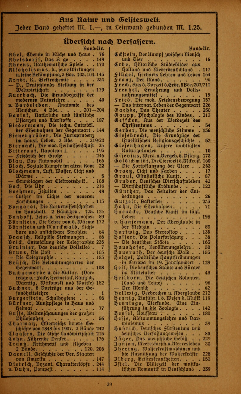 3e6er Banb gefjeftet lit. 1.—, in Cemtoanb gcbunben HI. 1.25. liberficfyt naty Band=tlr. flbel, Cfyemie in Kiid)c un6 tjaus . 76 Hbelsdorff, Bas fl ge . . . . 149 flfjrens, tnatf)cmatiid)c Spiele . . 170 ftlfotjolismus, d., fetnelDtrfungen u.fetneBefampfung,3Bde. 103.104.145 Hrndt, K.r Gleftrodjemie .... 234 — p., Deutfdjlands Stellung in 6cr IDelttDirtidiaft 179 Huerbad}, Die (Brundbcgriffe der modernen Raturlefyre 40 p. Bar6elebenr anatomic des tTtenfdjen. 4 Bde 201-204 Baoinf, Hatiirlidje und tunftlid)e Pflan3en und fcierftoffe . . . .187 Biedermann, Die tedjn. (Enttoidl. der (Eifenbafjnen 6er (Begentoart . 144 Btenengraber, Die 3urisprudeit3 im fjausl. Zeben. 2 Bde. . . 219/20 B i e r n a & i, Die mod. fjeilnjiffenfdjaft 25 Biiterauf, Hapoleou 1 195 — Sriedrid) 6er (Brofce 246 Blau, Das flutomobil 166 BI o d), S<>3iale Kdmpfe im alteu Rom 22 BI o d) m a n n, £uft, tPaffer, £id)t und tDdrme 5 — C&runblagen der (HettrotetiViif. . 168 Bod, Die Ui)r 216 Boeljmer, 3ejuiten 49 — Cutler im £id)te der neuereu 5orfd)ungen 113 Bongardt, Die ITaturiDiffenidiaften im J>ausb.alt. 2 Banddjen. 125. 126 B o n I) o f f, 3efus u. feine Seitgenoffen 89 B 6 r n ft e i n, Die £et)re oon 6. tDdrme 172 B 6 r n ft e t n unb in a r d m a 1d, Sidjt* bare und unftcfytbare Straiten . 64 Braafdi, Religtofe Strdmungen . . 66 Br id, (JEntnridlung 6er Gelegraplne 235 Bruinier, Das beutfdje Dolfslied . 7 Bruns, Die Poft 165 — Die Gelegrapf)ie 183 Brufdi, Dit Beleudjtungsarten 6er (Begentoart 108 Budjgeroerbe u. die Kultur. (Dor= trdge o.: $ode, fjermeltnf, Kau£ \d\, tDaentig, tDitfoiosfi unb XDuttfe) 182 Burner, 8 Dortrdge aus der <Be» fundfyeitsletjre 1 Burgerjtein, Sd}ult)ngiene ... 96 Biirf ner, Kunftpflege in fjaus und r)eimat 77 B u f f e, tDeltanfdjauungeu der grofcen pt)ilofopl)en 56 (£I)armat$, ©fterreid)$ tnnere (Be* fd}id)teoon 1848 bis 1907. 2 Baude 242 (Elaafjen, Die 6tfdje Candtotrtfcbaft 215 €ob,n, $iif)rende Denfer. .... 176 (Eranfc, flritb,metii und Algebra 2 Bdnde 120. 205 D a e n e 11, (Befdjidjte der Der. Staaten oon flmerifa 147 Diet rid}, Bryant. (Eljarafterfopfe . 244 d. D u I) n, pompeji 114 D erf af fern. Band«ltr. (E cf ft e i n, Der Kampf 3©tfdien lUenf cb, und Gier 18 (Erbe, {jiftorifdje Stadtebtlder aus tjolland und niederdcutfdjlaud .117 51 it gel, fjerbarts £efyren und Zibtn 164 5ran3, Der ITlond. 90 $ r e d), Hus d. Dor^eit d.(Erde. 5Bde. 207/211 5rentjel, (Erndfyrung und Dolts* nafyrungsmittel 19 5ried, Die mod. Sriedensbeioegung 157 — Das internal. Ceben der (Begemoart 226 (Baeb.de, Das Greater 230 (Baupp, Pfqdjologte des Kindes. . 213 <Beffden, ftus der U)erde3eit fees (Etjriftentums 54 (Berber, Die menfdjlid)e Stimme . 136 (Biefebred)t, Die <Brunb3itge der tfraelttifcfyen Religionsgefd)id}te . 52 (Bicfenfjagen, Unfere t»id)ttgften Kultmpflan3en 10 (B i f e o i u s, IDerd. u.Derget). d. Pflan3. 173 <B o I d f d) m i d t, DteGienoeit d.mifroff. 160 — Die 5o*tpflan3ung der tEtere . . 253 (Braefc, £id)t und $arben .... 17 (Braui, ®{tafiatifd)e Kunft. ... 87 ©ruber, Deutfdjes lPirtfd}aftsleben 42 — U>irtfd)aftlid)e (Erdfunde.... 122 (Buntfyer, Das 3eitalter der (Ent= dedungen 26 (But3eit, Bafterien 233 rjalju, Dit (Etfenbal^nen 71 rjaendde, Deutfdje Kunft tm tdgl. Ceben 198 p. r^anfemanu, Der Hberglaube in der RTedt3tn 83 r)artu)ig, Das Stereoffop .... 135 r^affert, Die polarforfdjung ... 38 — Die deutfd)eu Stadte 163 r) a us I) of er, Beoolferungslefyre . . 50 r)ausratl), Der deutfdje IDald . . 153 rjeigel, politifd)e r)auptftrdmungen in (Europa im 19. 3ai)r^undert . 129 J) e i I, Die deutfd)en Stadte und Burger im ITtittelalter 43 rjcilborn, Dit deutfdjen Kolonten. (£and und £euie) 98 — Der tTtenfd) 62 tjellroig, Derbredjen u. Hberglaube 212 r)eunigr€infiil)r.i.d. tDejen d. IKufif 119 Jennings, ^Eicrfunde. (Eine (Ein* fiifyrung in die 3oologie. . . .142 t}enfel, Rouffcau 180 t)efje, Hbftammungsleljre und Dar« tDtnismus 39 tjubrid), Deutfd)es 5urftentum und deutfd)es Derfaifungsroefen ... 80 3ager, Das meJifd)lid}e (Bebift . . 229 3 a n f o n, ttleeresforfd).u.ttteereslebeu 30 Jeering, rDafferfraftmafcbjinen und die Rusniitjung der tPafferfrafte 228 3lberg, (Beiftesfranfl)etten. . . .151 3 ft el, Die Biiite3eit der mufifa* lifdjen RomantiF in Deutfd)Iand . 239