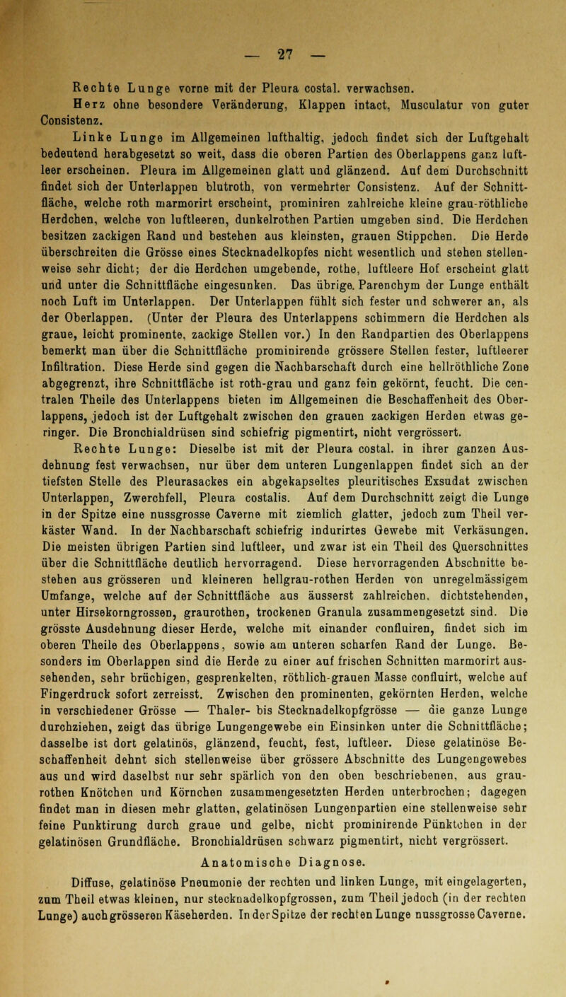 Rechte Lunge vorne mit der Pleura costal. verwachsen. Herz ohne besondere Veränderung, Klappen intact, Musculatur von guter Consistenz. Linke Lunge im Allgemeinen lufthaltig, jedoch findet sich der Luftgehalt bedeutend herabgesetzt so weit, dass die oberen Partien des Oberlappens ganz luft- leer erscheinen. Pleura im Allgemeinen glatt und glänzend. Auf dem Durchschnitt findet sich der Unterlappen blutroth, von vermehrter Consistenz. Auf der Schnitt- fläche, welche roth marmorirt erscheint, prominiren zahlreiche kleine grau-röthliche Herdchen, welche von luftleeren, dunkelrothen Partien umgeben sind. Die Herdchen besitzen zackigen Rand und bestehen aus kleinsten, grauen Stippchen. Die Herde überschreiten die Grösse eines Stecknadelkopfes nicht wesentlich und stehen stellen- weise sehr dicht; der die Herdchen umgebende, rothe, luftleere Hof erscheint glatt und unter die Schnittfläche eingesunken. Das übrige. Parenchym der Lunge enthält noch Luft im Unterlappen. Der Unterlappen fühlt sich fester und schwerer an, als der Oberlappen. (Unter der Pleura des Unterlappens schimmern die Herdchen als graue, leicht prominente, zackige Stellen vor.) In den Randpartien des Oberlappens bemerkt man über die Schnittfläche prominirende grössere Stellen fester, luftleerer Infiltration. Diese Herde sind gegen die Nachbarschaft durch eine hellröthliche Zone abgegrenzt, ihre Schnittfläche ist roth-grau und ganz fein gekörnt, feucht. Die cen- tralen Theile des Unterlappens bieten im Allgemeinen die Beschaffenheit des Ober- lappens, jedoch ist der Luftgehalt zwischen den grauen zackigen Herden etwas ge- ringer. Die Bronchialdrüsen sind schiefrig pigmentirt, nioht vergrössert. Rechte Lunge: Dieselbe ist mit der Pleura costal. in ihrer ganzen Aus- dehnung fest verwachsen, nur über dem unteren Lungenlappen findet sich an der tiefsten Stelle des Pleurasackes ein abgekapseltes pleuritisches Exsudat zwischen Unterlappen, Zwerchfell, Pleura costalis. Auf dem Durchschnitt zeigt die Lunge in der Spitze eine nussgrosse Caverne mit ziemlich glatter, jedoch zum Theil ver- käster Wand. In der Nachbarschaft schiefrig indurirtes Gewebe mit Verkäsungen. Die meisten übrigen Partien sind luftleer, und zwar ist ein Theil des Querschnittes über die Schnittfläche deutlich hervorragend. Diese hervorragenden Abschnitte be- stehen aus grösseren und kleineren hellgrau-rothen Herden von unregelmässigem Umfange, welche auf der Schnittfläche aus äusserst zahlreichen, dichtstehenden, unter Hirsekorngrossen, graurothen, trockenen Granula zusammengesetzt sind. Die grösste Ausdehnung dieser Herde, welche mit einander confluiren, findet sich im oberen Theile des Oberlappens, sowie am unteren scharfen Rand der Lunge. Be- sonders im Oberlappen sind die Herde zu einer auf frischen Schnitten marmorirt aus- sehenden, sehr brüchigen, gesprenkelten, rötblich-grauen Masse confluirt, welche auf Fingerdruck sofort zerreisst. Zwischen den prominenten, gekörnten Herden, welche in verschiedener Grösse — Thaler- bis Stecknadelkopfgrösse — die ganze Lunge durchziehen, zeigt das übrige Lungengewebe ein Einsinken unter die Schnittfläche; dasselbe ist dort gelatinös, glänzend, feucht, fest, luftleer. Diese gelatinöse Be- schaffenheit dehnt sich stellenweise über grössere Abschnitte des Lungengewebes aus und wird daselbst nur sehr spärlich von den oben beschriebenen, aus grau- rothen Knötchen und Körnchen zusammengesetzten Herden unterbrochen; dagegen findet man in diesen mehr glatten, gelatinösen Lungenpartien eine stellenweise sehr feine Punktirung durch graue und gelbe, nicht prominirende Pünktchen in der gelatinösen Grundfläche. Bronchialdrüsen schwarz pigmentirt, nicht vergrössert. Anatomische Diagnose. Diffuse, gelatinöse Pneumonie der rechten und linken Lunge, mit eingelagerten, zum Theil etwas kleinen, nur stecknadelkopfgrossen, zum Theil jedoch (in der rechten Lunge) auohgrösseren Käseherden. InderSpitze der rechten Lunge nussgrosse Caverne.