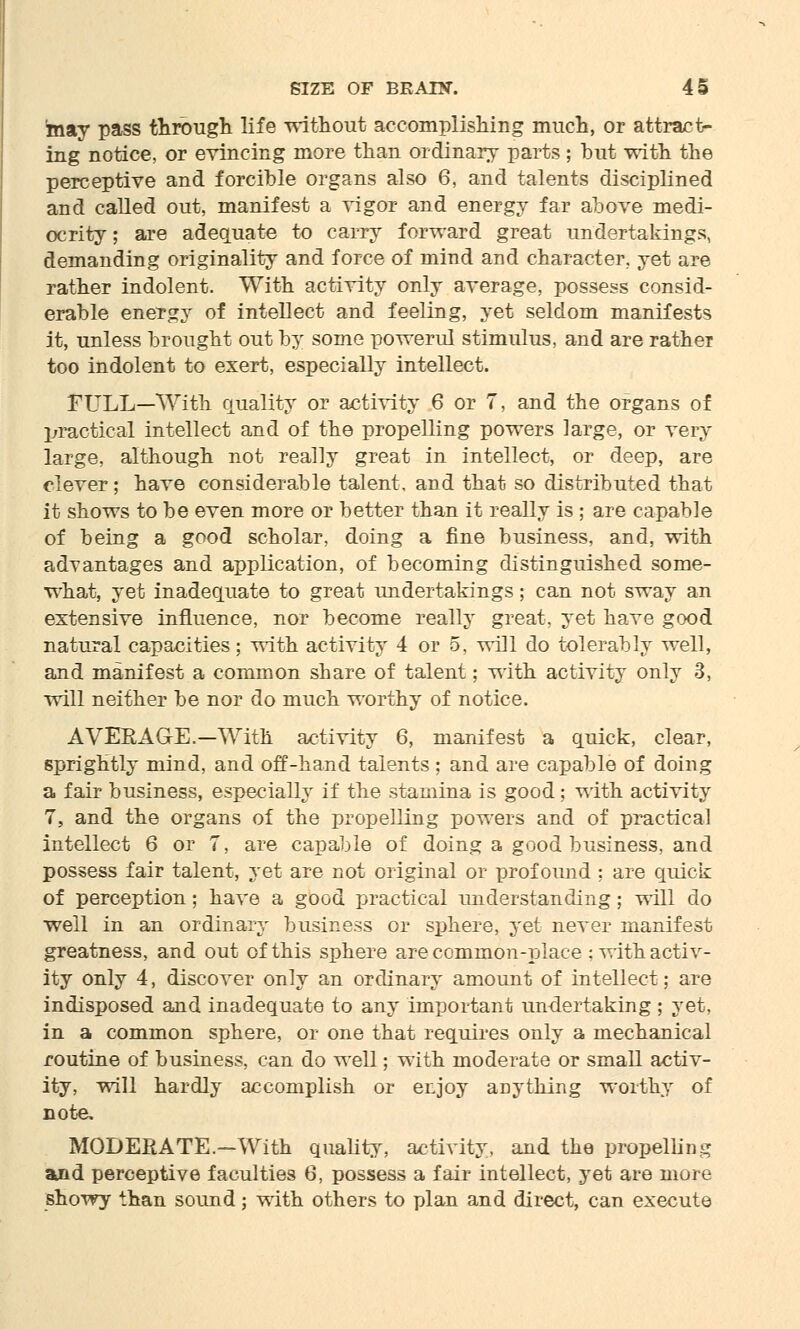 ■may pass through life without accomplishing much, or attract- ing notice, or evincing more than ordinary parts; but with the perceptive and forcible organs also 6, and talents disciplined and called out, manifest a vigor and energy far above medi- ocrity ; are adequate to carry forward great undertakings, demanding originality and force of mind and character, yet are rather indolent. With activity only average, possess consid- erable energy of intellect and feeling, yet seldom manifests it, unless brought out by some powerul stimulus, and are rathei too indolent to exert, especially intellect. FULL—With quality or activity 6 or 7, and the organs of practical intellect and of the propelling powers large, or very large, although not really great in intellect, or deep, are clever; have considerable talent, and that so distributed that it shows to be even more or better than it really is ; are capable of being a good scholar, doing a fine business, and, with advantages and application, of becoming distinguished some- what, yet inadequate to great undertakings; can not sway an extensive influence, nor become really great, yet have good natural capacities; with activity 4 or 5, will do tolerably well, and manifest a common share of talent; with activity only 3, will neither be nor do much worthy of notice. AVERAGE.—With activity 6, manifest a quick, clear, sprightly mind, and off-hand talents ; and are capable of doing a fair business, especially if the stamina is good; with activity 7, and the organs of the propelling powers and of practical intellect 6 or 7, are capable of doing a good business, and possess fair talent, yet are not original or profound ; are quick of perception; have a good practical understanding; will do well in an ordinary business or sphere, yet never manifest greatness, and out of this sphere are common-place : with activ- ity only 4, discover only an ordinary amount of intellect; are indisposed and inadequate to any important undertaking; yet, in a common sphere, or one that requires only a mechanical routine of business, can do well; with moderate or small activ- ity, will hardly accomplish or enjoy anything worthy of note, MODERATE.—With quality, activity, and the propelling aaid perceptive faculties 6, possess a fair intellect, yet are more showy than sound; with others to plan and direct, can execute