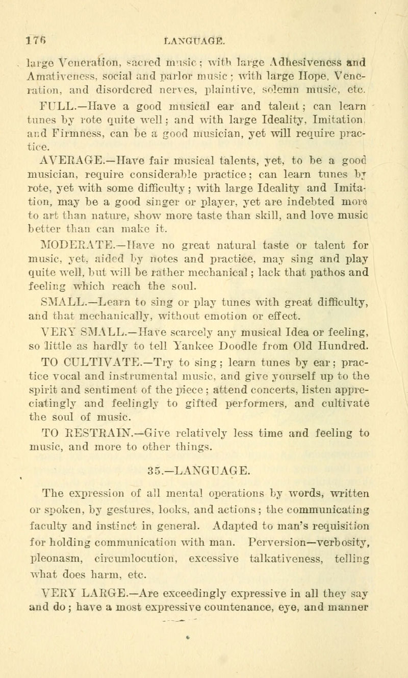 large Veneration, sacred fcmsic ; with large Adhesiveness and Amativeness, social and parlor music ; with large Hope, Vene- ration, and disordered nerves, plaintive, solemn music, etc. FULL.—Have a good musical ear and talent; can learn tunes by rote quite well: and with large Ideality, Imitation and Firmness, can be a good musician, yet will require prac- tice. AVERAGE.—Have fair musical talents, yet, to be a good musician, require considerable practice; can learn tunes bj rote, yet with some difficulty ; with large Ideality and Imita- tion, may be a good singer or player, yet are indebted moro to art than nature, show more taste than skill, and love music better than can make it. MODERATE.—Have no great natural taste or talent for music, yet, aided by notes and practice, may sing and play quite well, but will be rather mechanical; lack that pathos and feeling which reach the soul. SMALL.—Learn to sing or play tunes with great difficulty, and that mechanically, without emotion or effect. VERY SMALL.—Have scarcely any musical Idea or feeling, so little as hardly to tell Yankee Doodle from Old Hundred. TO CULTIVATE.—Try to sing ; learn tunes by ear; prac- tice vocal and instrumental music, and give yourself up to the spirit and sentiment of the piece; attend conceits, listen appre- ciatingly and feelingly to gifted performers, and cultivate the soul of music. TO RESTRAIN.— Give relatively less time and feeling to music, and more to other things. 35.-LAXGUAGE. The expression of all mental operations by words, written or spoken, by gestures, looks, and actions; the communicating faculty and instinct in general. Adapted to man's requisition for holding communication with man. Perversion—verbosity, pleonasm, circumlocution, excessive talkativeness, telling what does harm, etc. VERY LARGE.—Are exceedingly expressive in all they say and do ; have a most expressive countenance, eye, and manner