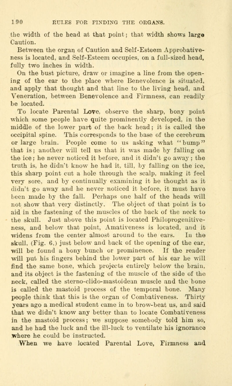 the width of the head at that point; that width shows large Caution. Between the organ of Caution and Self-Esteein Approbative- ness is located, and Self-Esteem occupies, on a full-sized head, fully two inches in width. On the bust picture, draw or imagine a line from the open- ing of the ear to the place where Benevolence is situated, and apply that thought and that line to the living head, and Veneration, between Benevolence and Firmness, can readily be located. To locate Parental Loye. observe the sharp, bony point which some people have quite prominently developed, in the middle of the lower part of the back head; it is called the occipital spine. This corresponds to the base of the cerebrum or large brain. People come to us asking what bump that is; another will tell us that it was made by falling on the ice: he never noticed it before, and it didnt go away; the truth is, he didn't know he had it, till, by falling on the ice, this sharp point cut a hole through the scalp, making it feel very sore, and by continually examining it he thought as it didn't go away and he never noticed it before, it must have been made by the fall. Perhaps one half of the heads will not show that very distinctly. The object of that point is to aid in the fastening of the muscles of the back of the neck to the skull. Just above this point is located Philoprogenitive- ness, and below that point, Amativeness is located, and it widens from the center almost around to the ears. In the skull, (Fig. 6.) just below and back of the opening of the ear, will be found a bony bunch or prominence. If the reader will put his fingers behind the lower part of his ear he will find the same bone, which projects entirely below the brain, and its object is the fastening of the muscle of the side of the neck, called the sterno-clido-mastoidean muscle and the bone is called the mastoid process of the temporal bone. Many people think that this is the organ of Combativeness. Thirty years ago a medical student came in to brow-beat us, and said that we didn't know any better than to locate Combativeness in the mastoid process; we suppose somebody told him so, and he had the luck and the ill-luck to ventilate his ignorance Where he could be instructed. When we have located Parental Love, Firmness and
