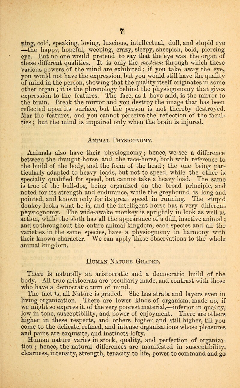 ning, cold, speaking, loving, luscious, intellectual, dull, and stupid eye —the happy, hopeful, weeping, crazy, sleepy, sheepish, bold, piercing eye. But no one would pretend to say that the eye was the organ of these different qualities. It is only the medium through which these various powers of the mind are exhibited; if you take away the eye, you would not have the expression, but you would still have the quality of mind in the peison, showing that the quality itself originates in some other organ ; it is the phrenology behind the physiogonomy that gives expression to the features. The face, as I have said, is the mirror to the brain. Break the mirror and you destroy the image that has been reflected upon its surface, but the person is not thereby destroyed. Mar the features, and you cannot perceive the reflection of the facul- ties ; but the mind is impaired only when the brain is injured. Animal Physiognomy. Animals also have their physiognomy; hence, we see a difference between the draught-horse and the race-horse, both with reference to the build of the body, and the form of the head ; the one being par- ticularly adapted to heavy loads, but not to speed, while the other is specially qualified for speed, but cannot take a heavy load. The same is true of the bull-dog, being organized on the broad principle, and noted for its strength and endurance, while the greyhound is long and pointed, and known only for its great speed in running. The stupid donkey looks what he is, and the intelligent horse has a very different physiognomy. The wide-awake monkey is sprightly in look as well as action, while the sloth has all the appearance of a dull, inactive animal; and so throughout the entire animal kingdom, each species and all the varieties in the same species, have a physiognomy in harmony with their known character. We can apply these observations to the whole animal kingdom. Human Mature Graded. There is naturally an aristocratic and a democratic build of the body. All true aristocrats are peculiarly made, and contrast with those who have a democratic turn of mind. The fact is, all Nature is graded. She has strata and layers even in living organization. There are lower kinds of organism, made up, if we might so express it, of the very poorest material,—inferior in quality, low in tone, susceptibility, and power of enjoyment. There are others higher in these respects, and others higher and still higher, till you come to the delicate, refined, and intense organizations whose pleasures and pains are exquisite, and instincts lofty. Human nature varies in stock, quality, and perfection of organiza- tion ; hence, the natural differences are manifested in susceptibility, clearness, intensity, strength, tenacity to life, power to command and go